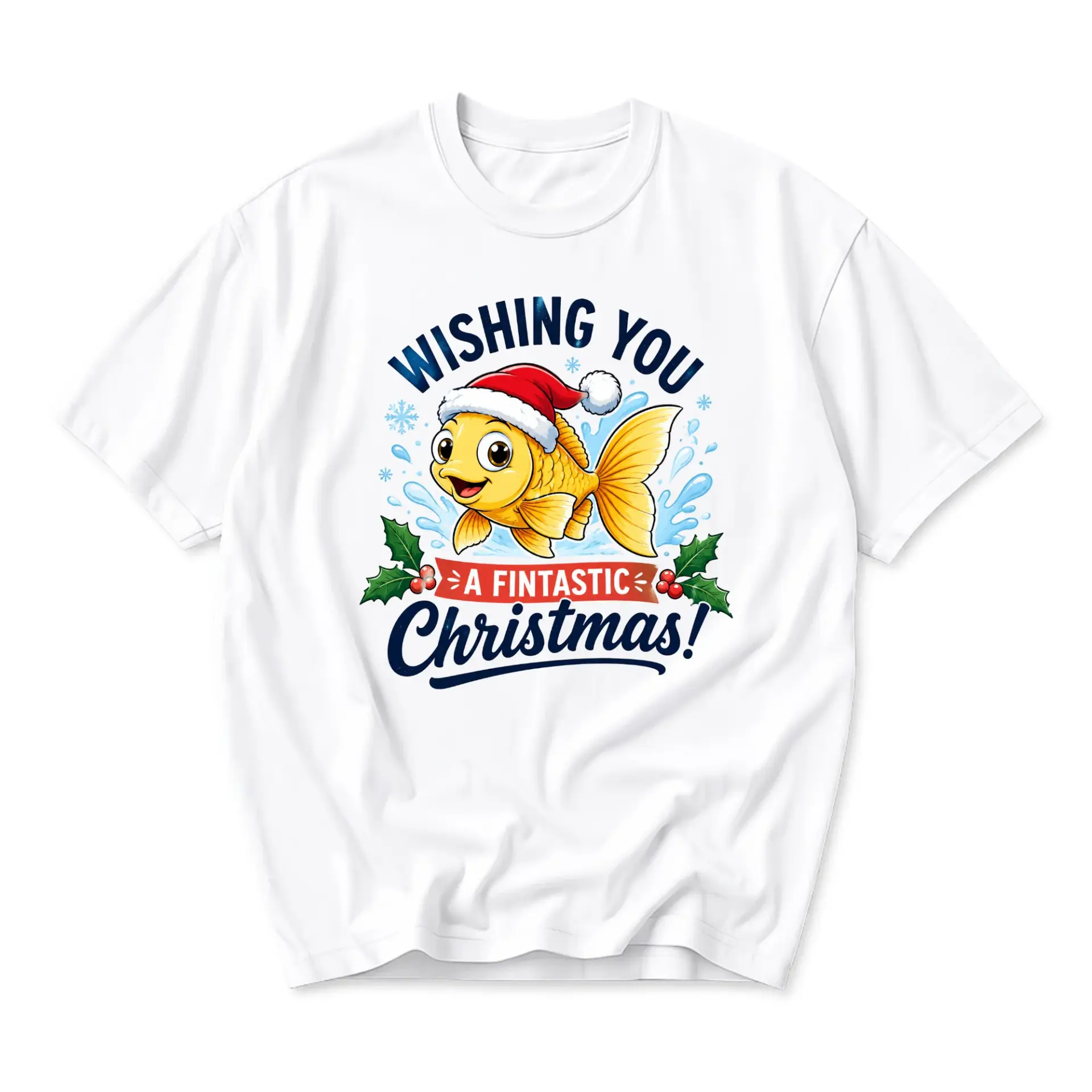 Funny Shirt Wishing You a Fintastic Christmas Goldfish Graphic Tee Seasonal Holiday Unisex Crew Neck Casual Wear Top
