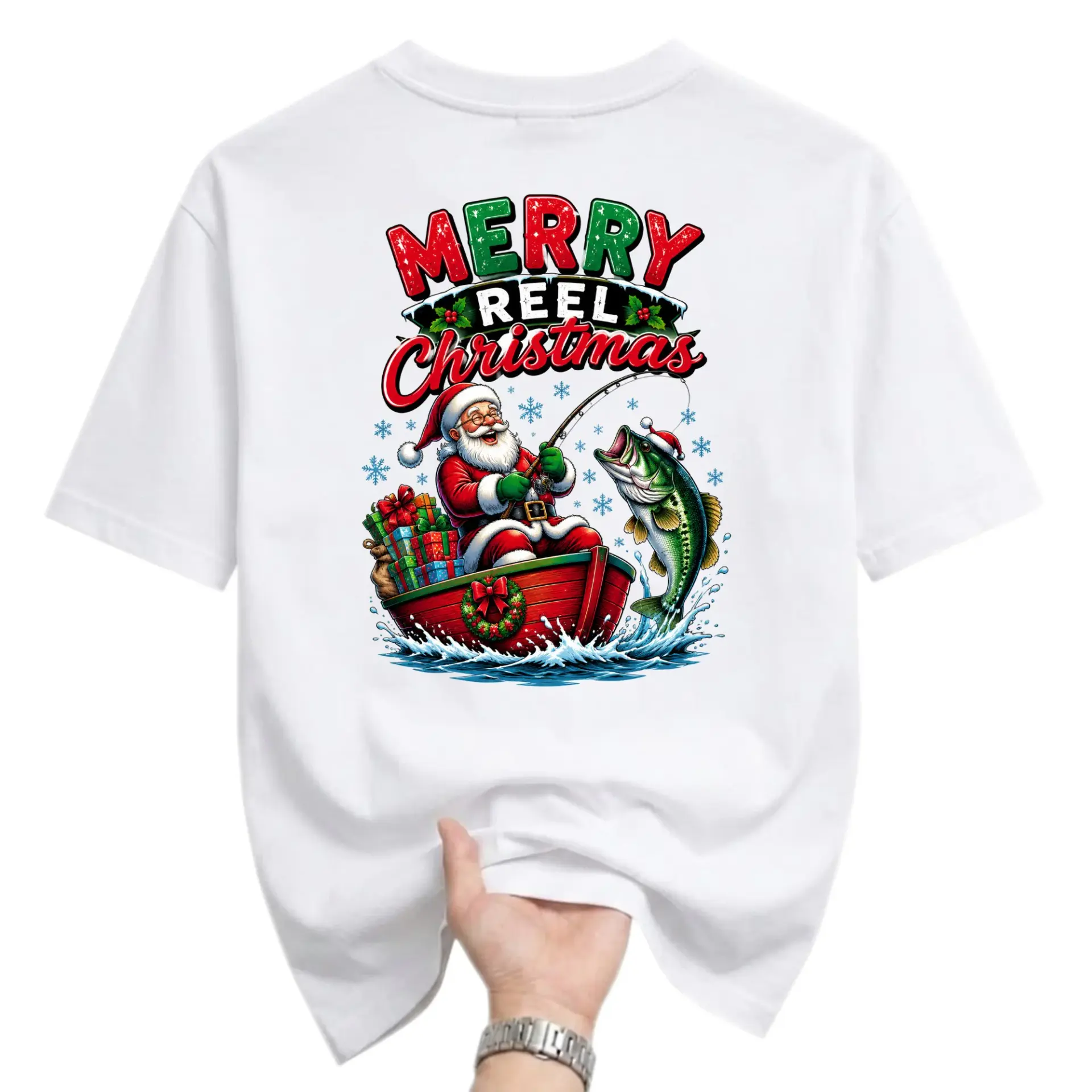 Funny Shirt Merry Reel Christmas Fishing Santa Graphic Tee Holiday Unisex Crew Neck Casual Cotton Blend Apparel