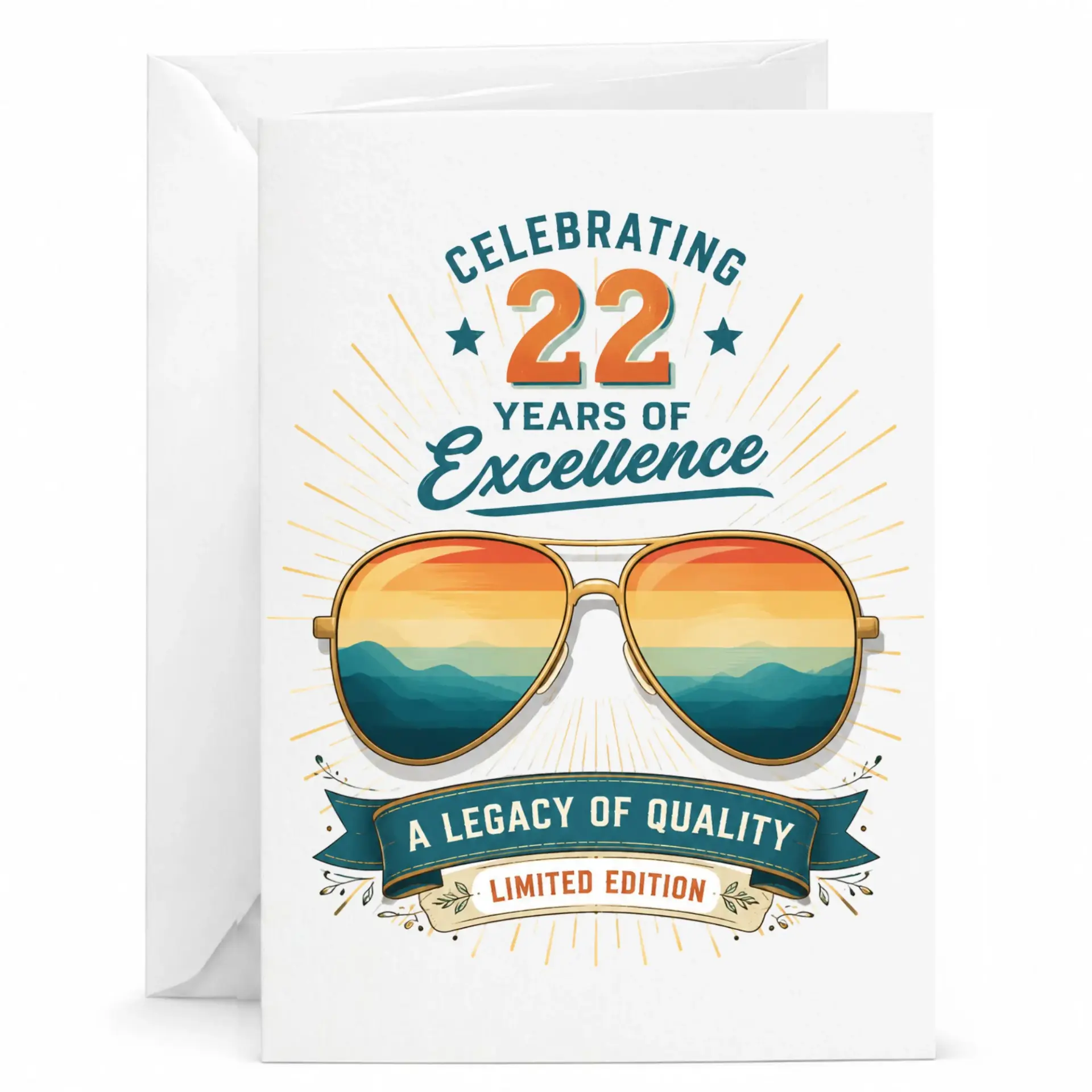 Birthday Card Celebrating 22 Years of Excellence Anniversary Card with Vintage Sunset Aviator Sunglasses Design