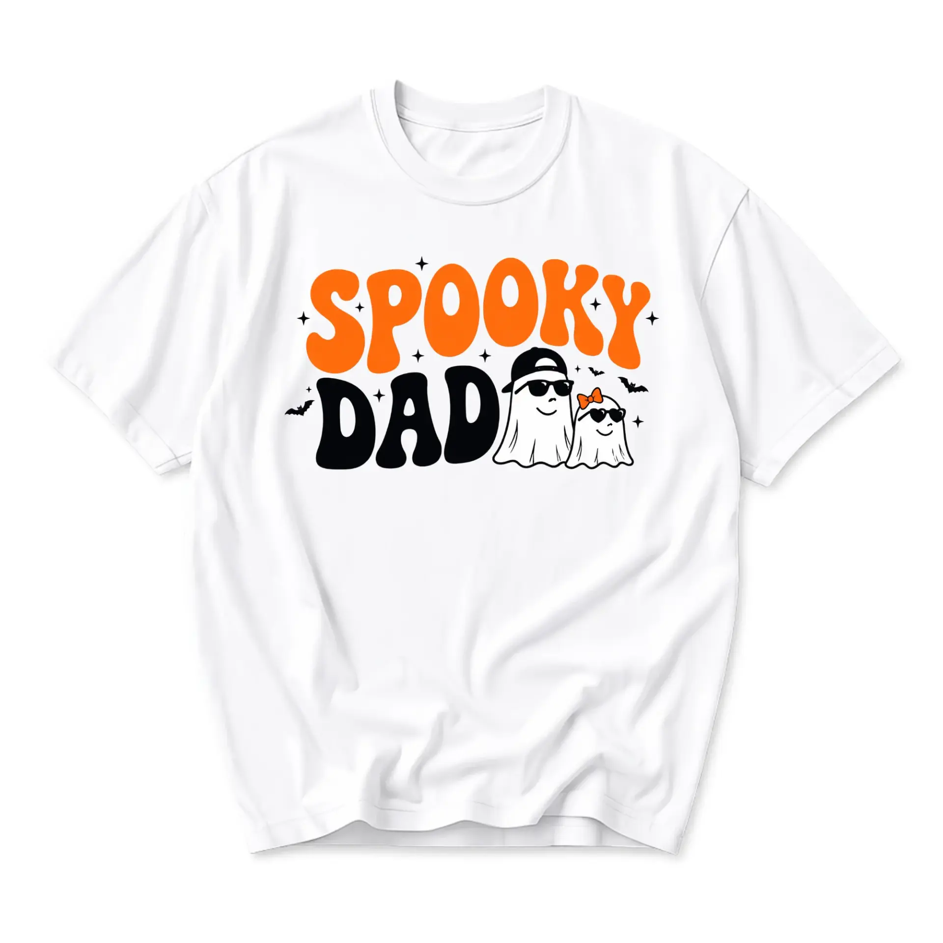 Funny Shirt Spooky Dad Halloween Graphic Tee Retro Ghost Print Crew Neck Casual Soft Cotton Blend Unisex Top White