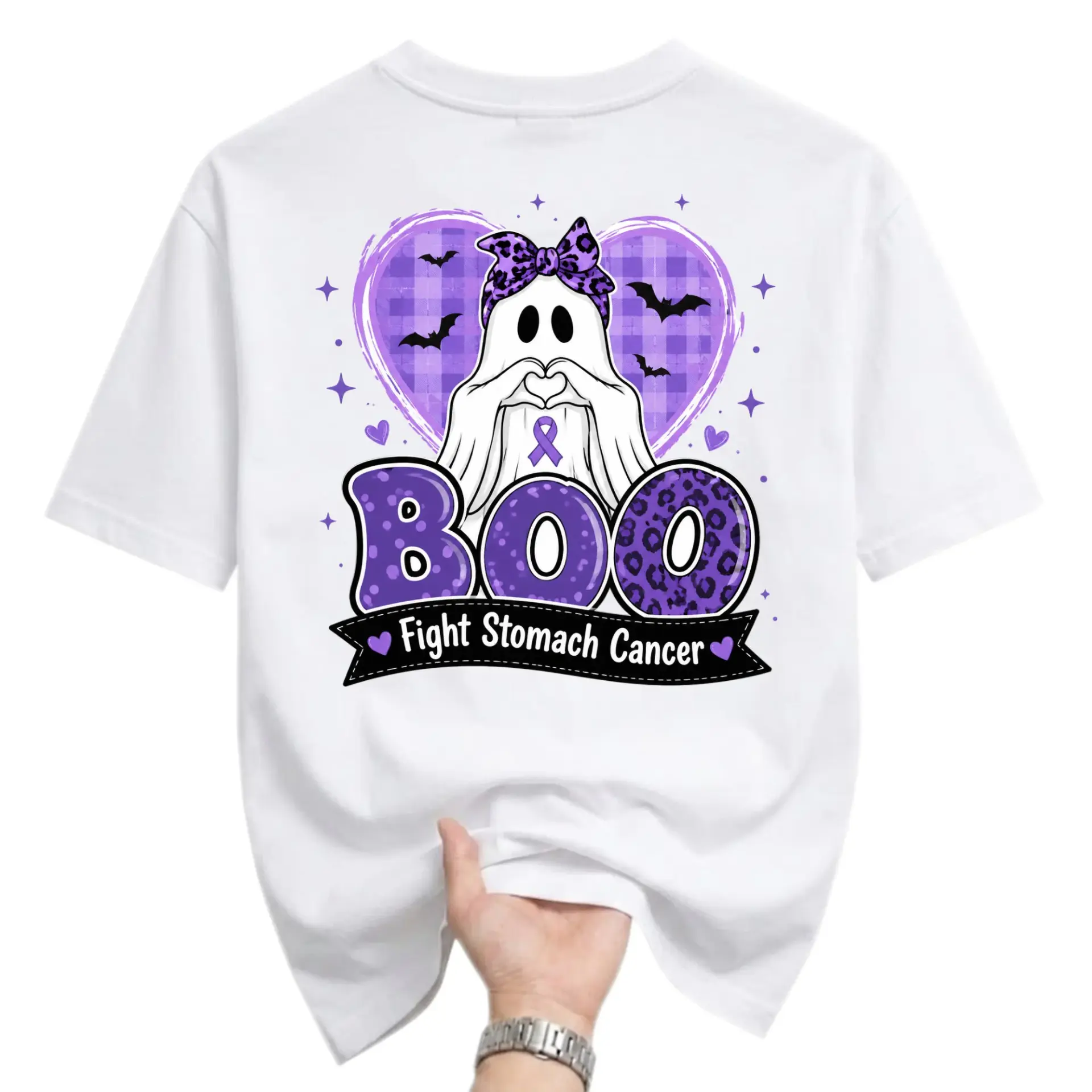 Graphic Tee Unisex Crew Neck T-Shirt Featuring Ghost Boo Stomach Cancer Awareness Design in Purple and White