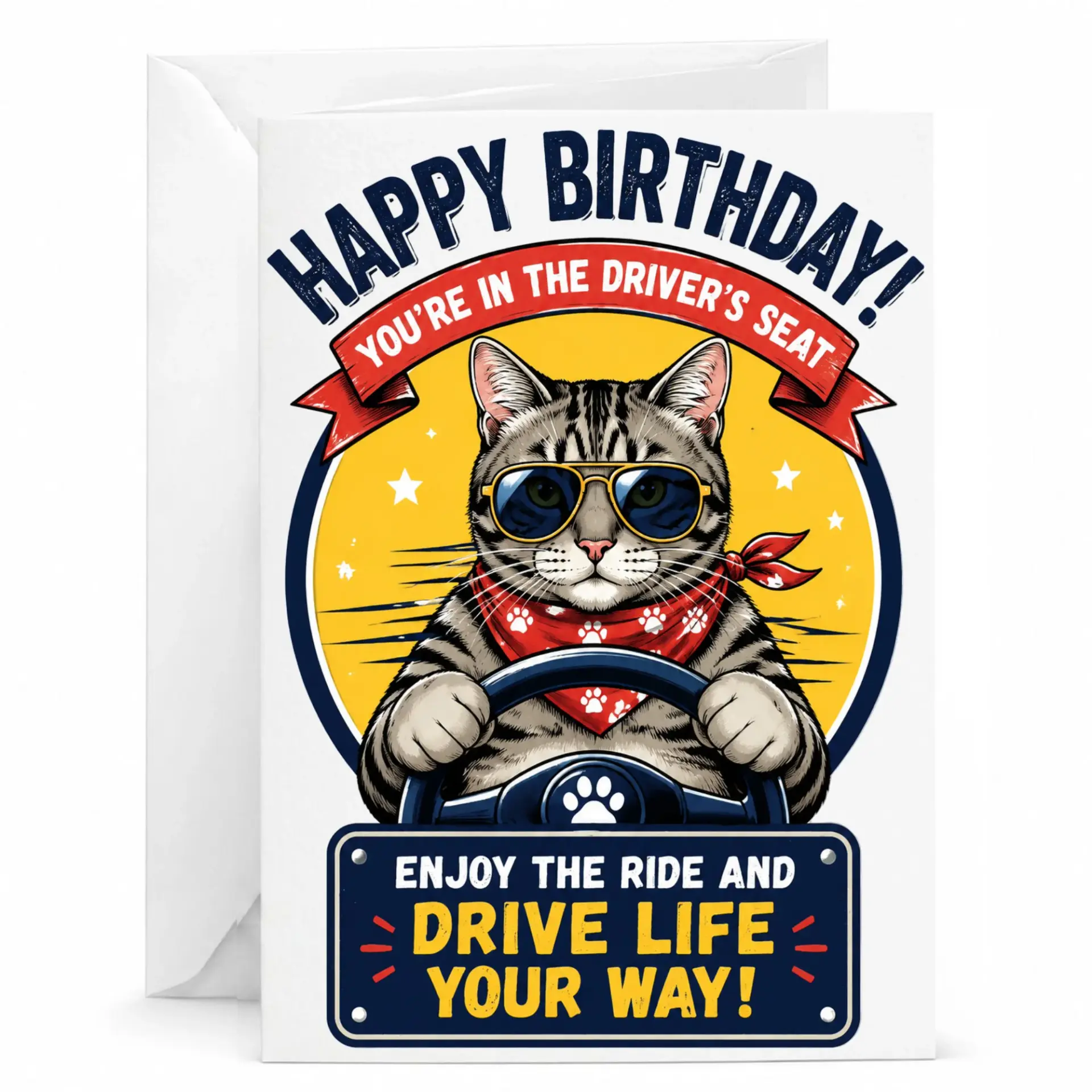 Birthday Card Funny Cat Driving Car Greeting for and Encouragement with Matching White Envelope