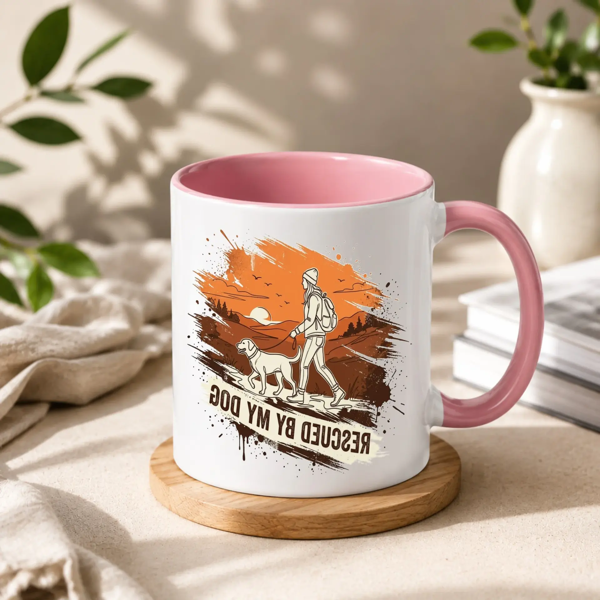 Dog Lover Ceramic Coffee Mug Featuring a Hiking Woman and Her Canine with a Rescued by My Graphic Design