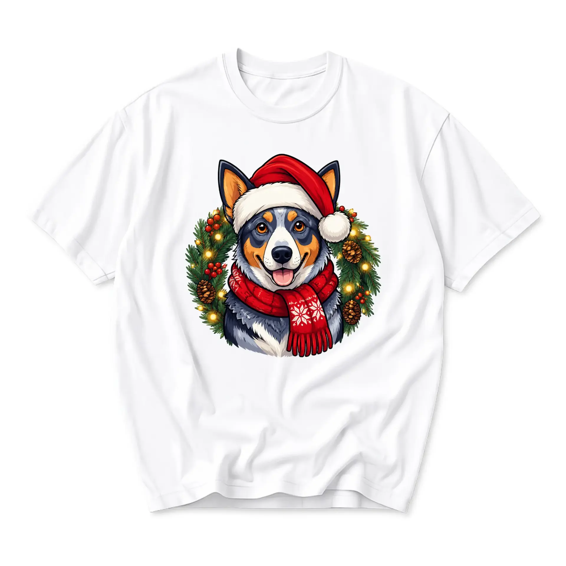 Graphic Tee Featuring a Festive Wearing a Santa Hat and Red Scarf for
