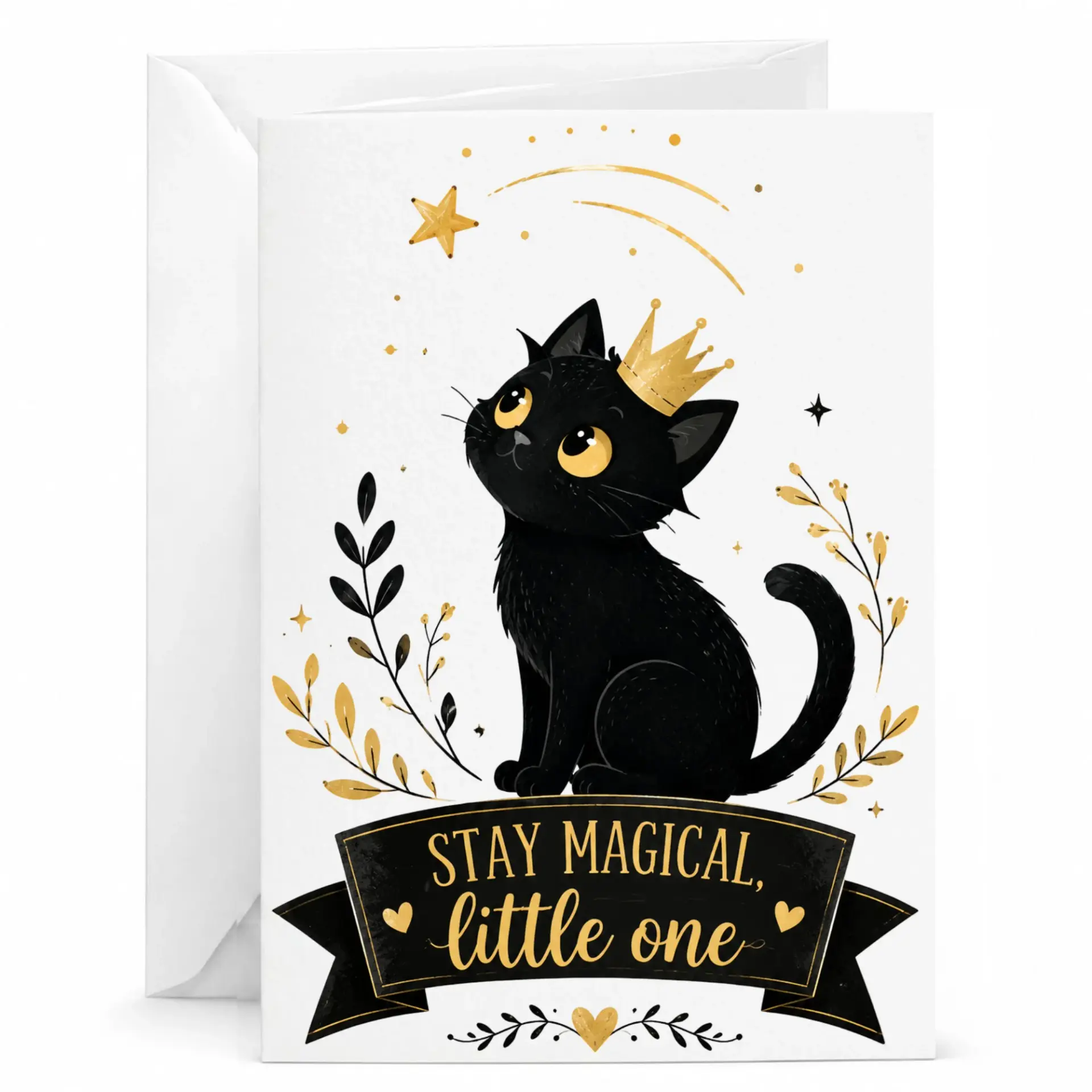 Greeting Card Featuring a Cute Black Cat Wearing a Gold with Magical Star and Elegant Floral Accents