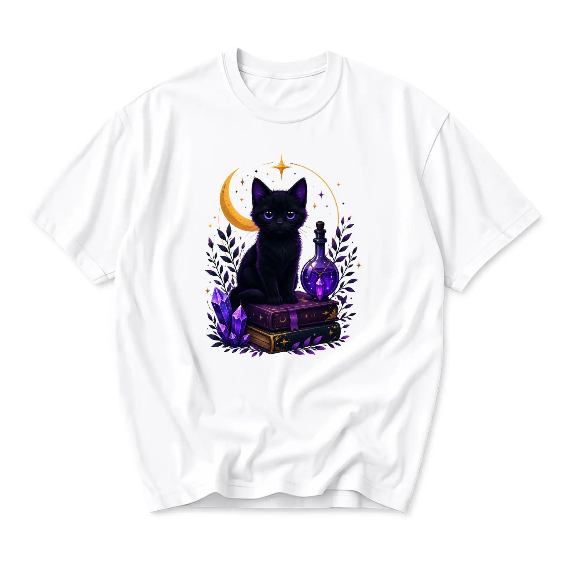 Graphic Tee Black Cat Sitting on Books with Purple Potion Crystal and Crescent Moon Celestial Illustration T-Shirt