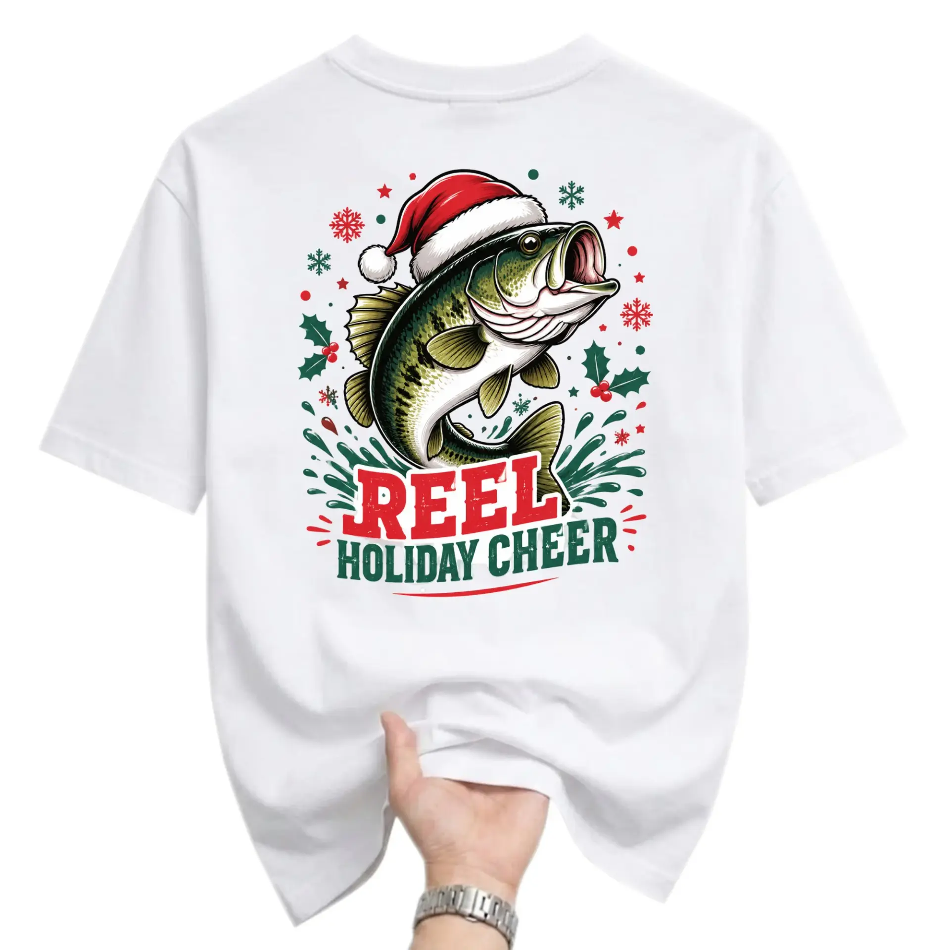 Graphic Tee Reel Holiday Cheer Fishing Shirt Funny Christmas Seasonal Unisex Crew Neck Apparel White
