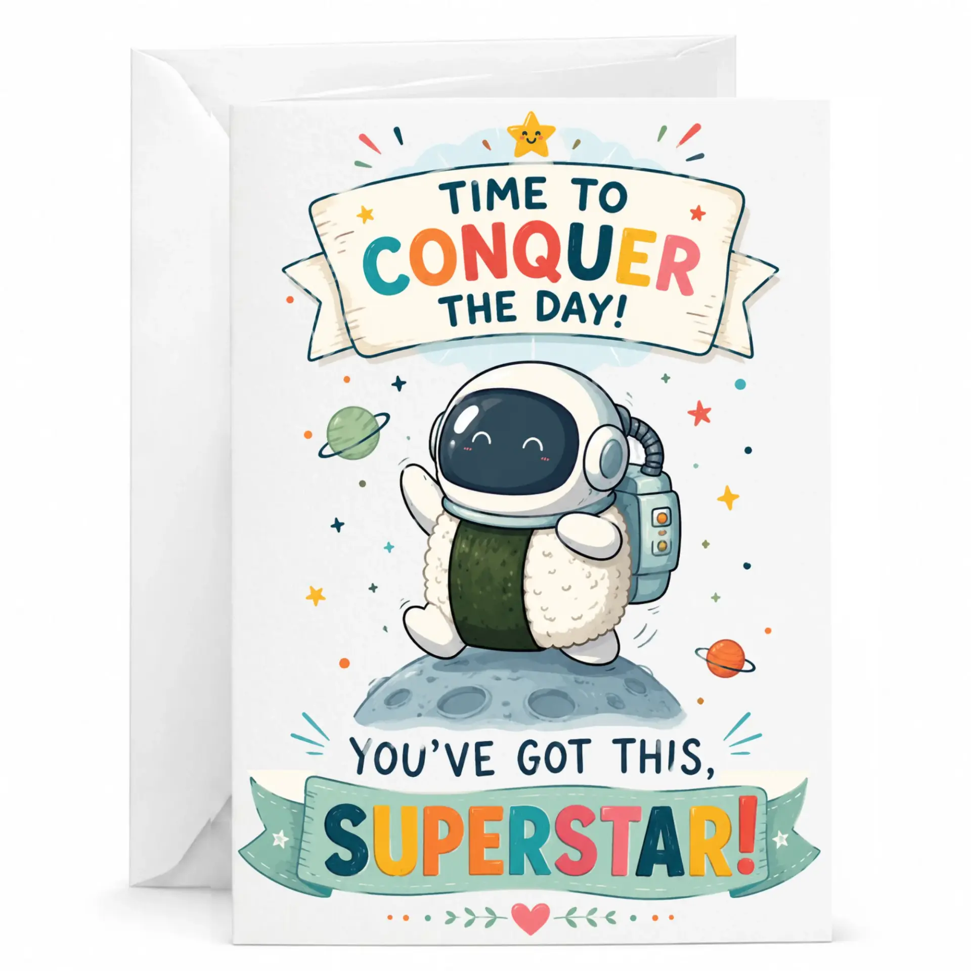 Inspirational Greeting Card Featuring Cute Astronaut Sushi Character for Encouragement and Occasions