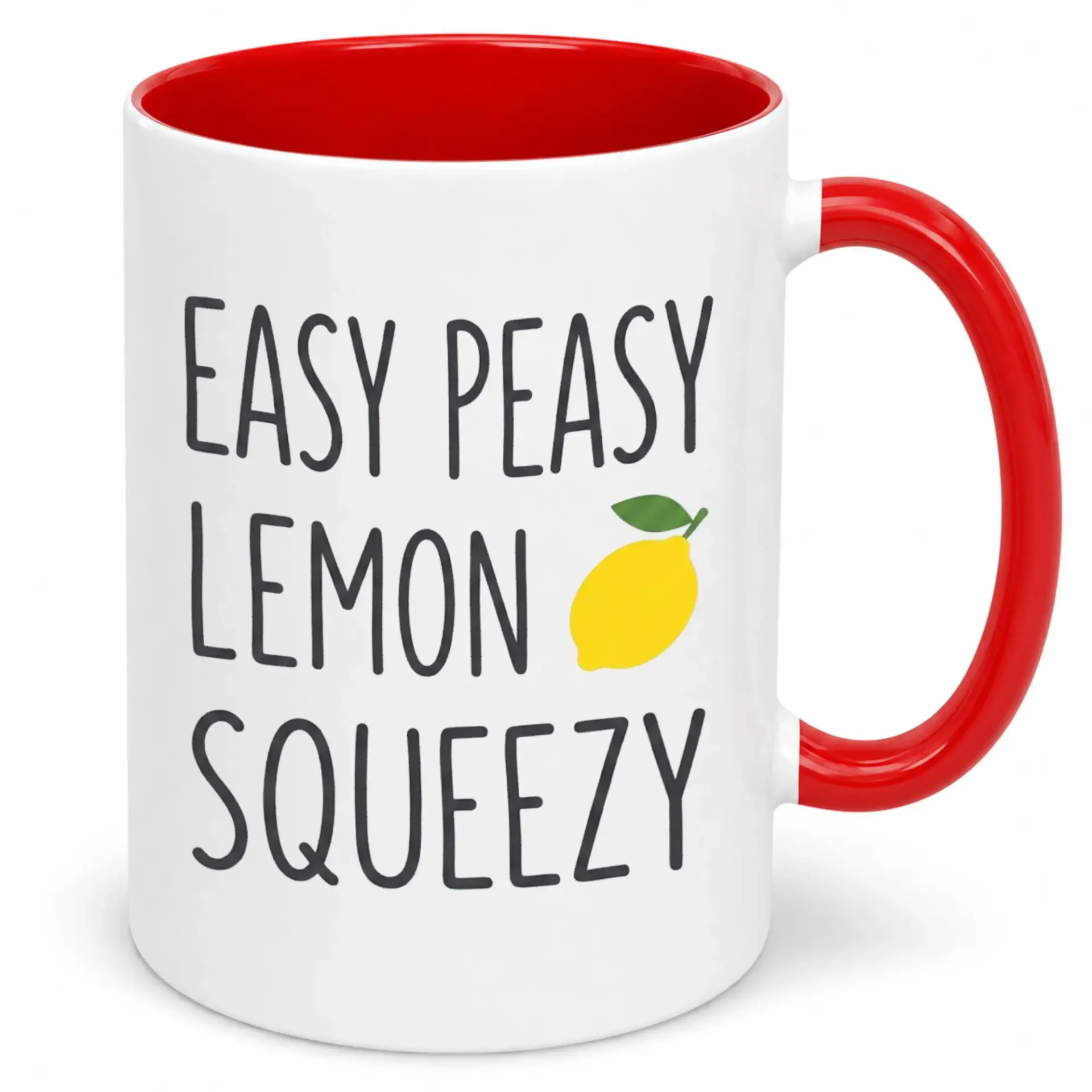 Funny Ceramic Coffee Mug with Easy Peasy Lemon Squeezy Saying and Fruit Design; Motivational White and Red Novelty Beverage Cup for Home Office
