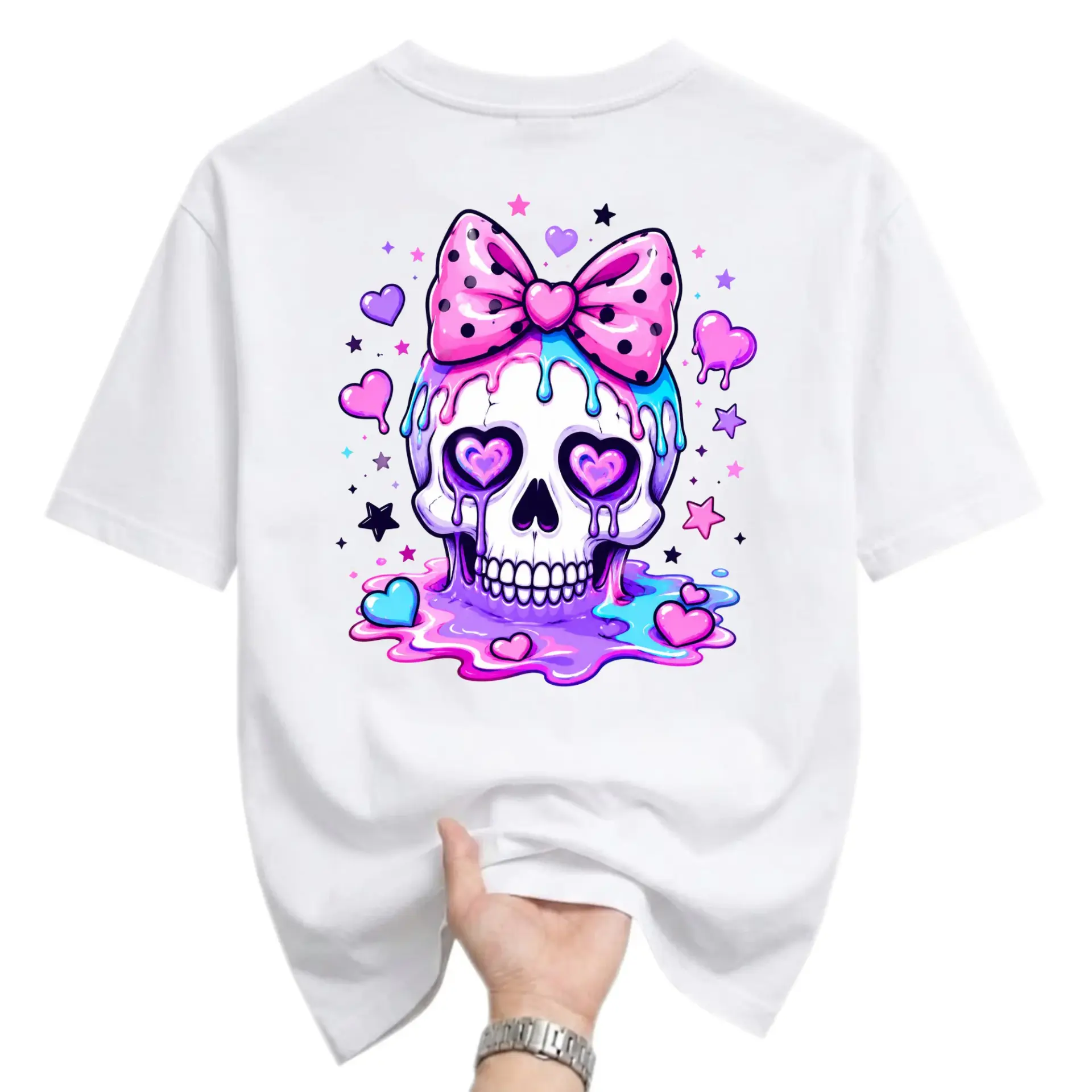 Graphic Tee Skull with Pink Polka Dot Bow Melting Hearts Design Unisex Crew Neck Short Sleeve Cotton Casual Shirt