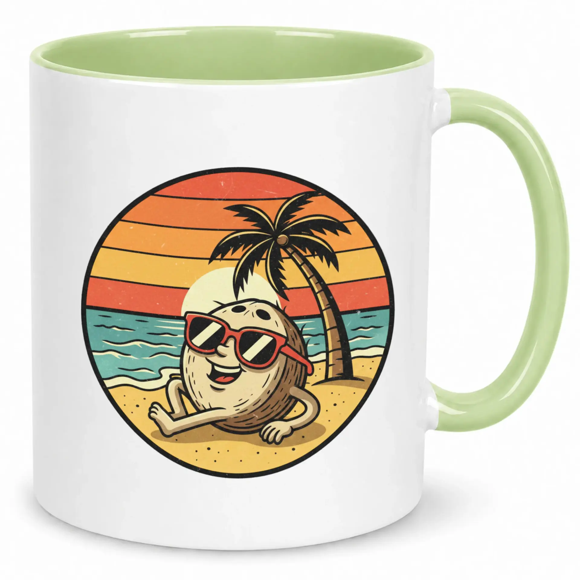 Funny Ceramic Coffee Mug with Tropical Beach Coconut Design; Summer Vacation Theme Drinkware for Home or Office