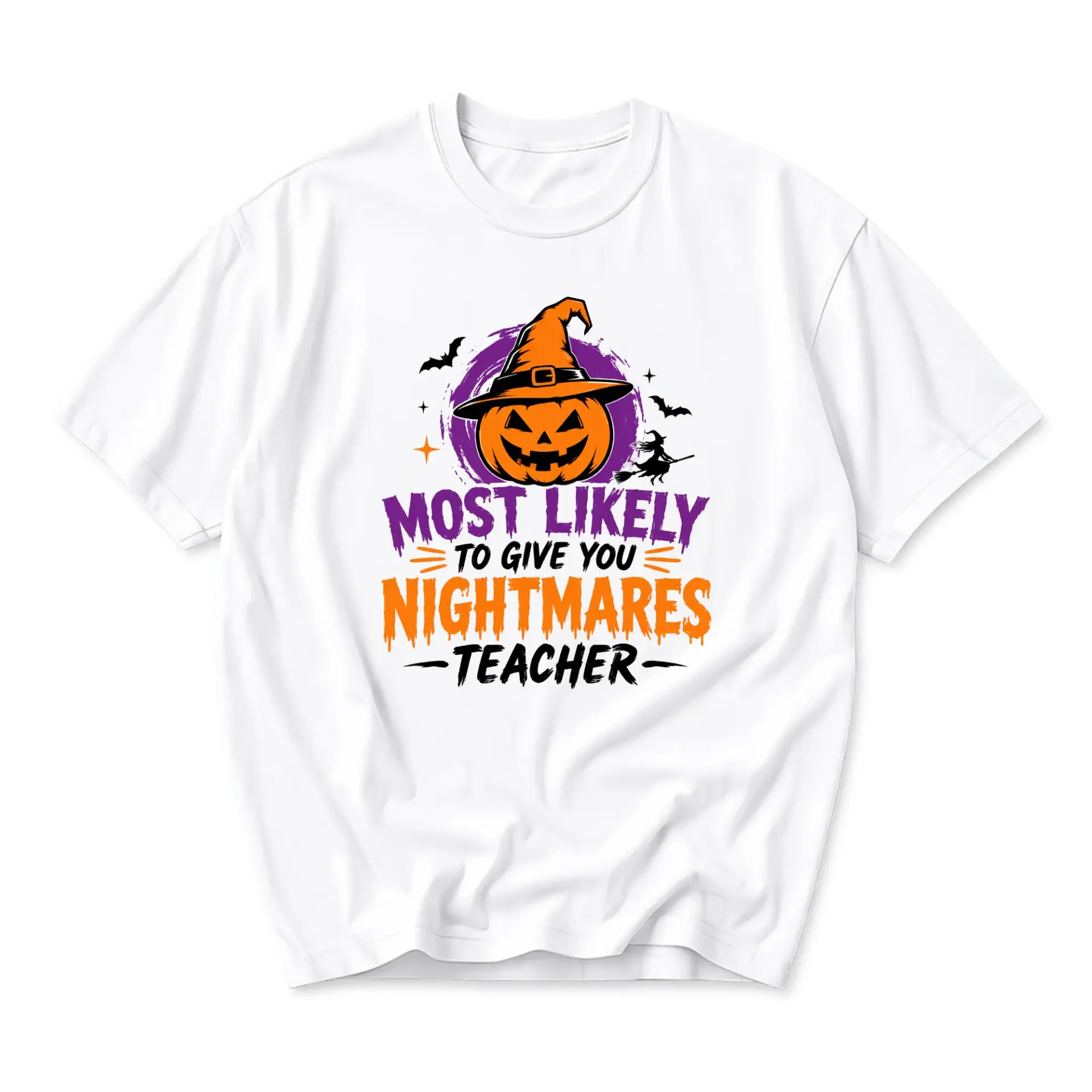 Funny Shirt Most Likely to Give You Nightmares Teacher Graphic Tee Halloween Inspired Unisex Short Sleeve Crew Neck