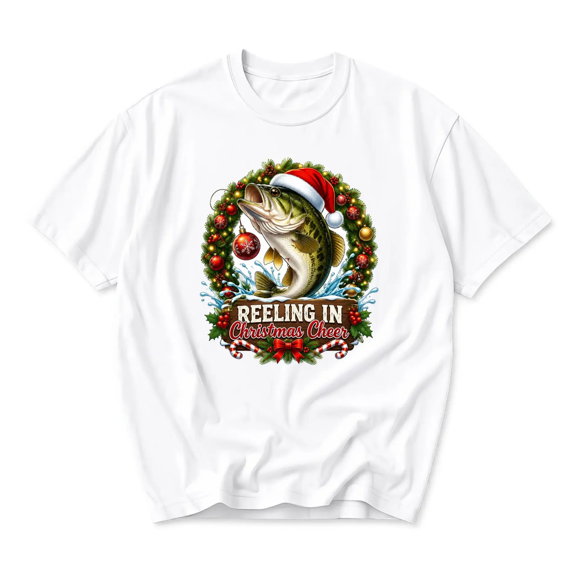 Graphic Tee Reeling in Christmas Cheer Fish Shirt Holiday Fishing Apparel Unisex Crew Neck Casual Cotton Top