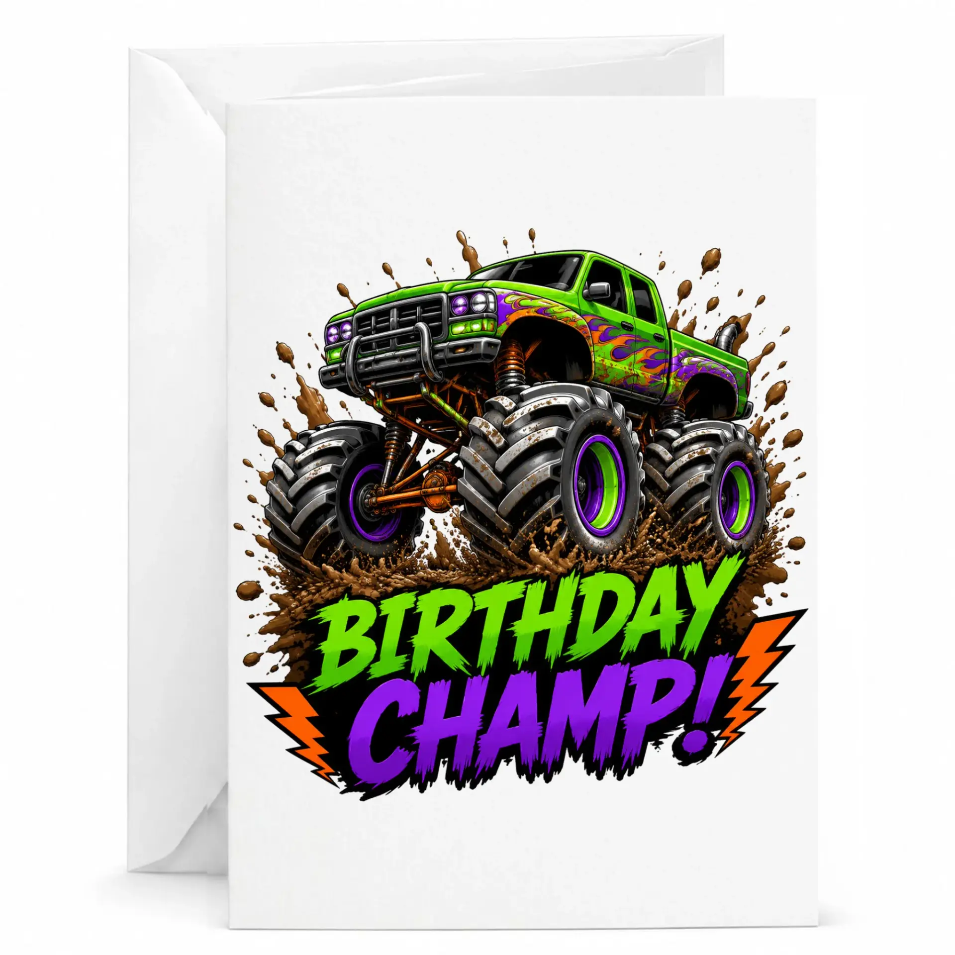 Birthday Monster Truck Greeting Card for Him Off Road Racing Theme Note with Envelope
