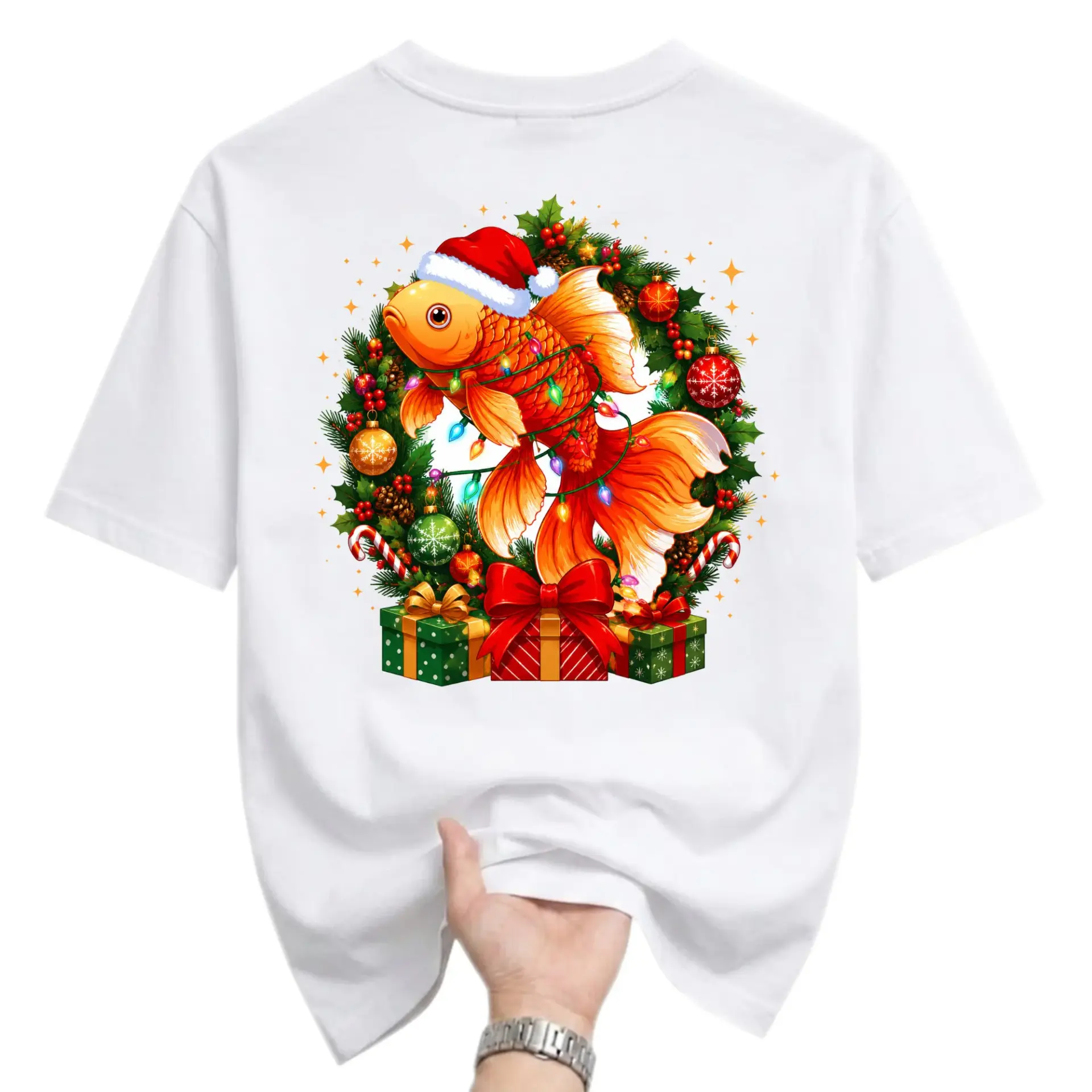 Graphic Tee Christmas Goldfish Wearing Santa Hat Festive Holiday Wreath