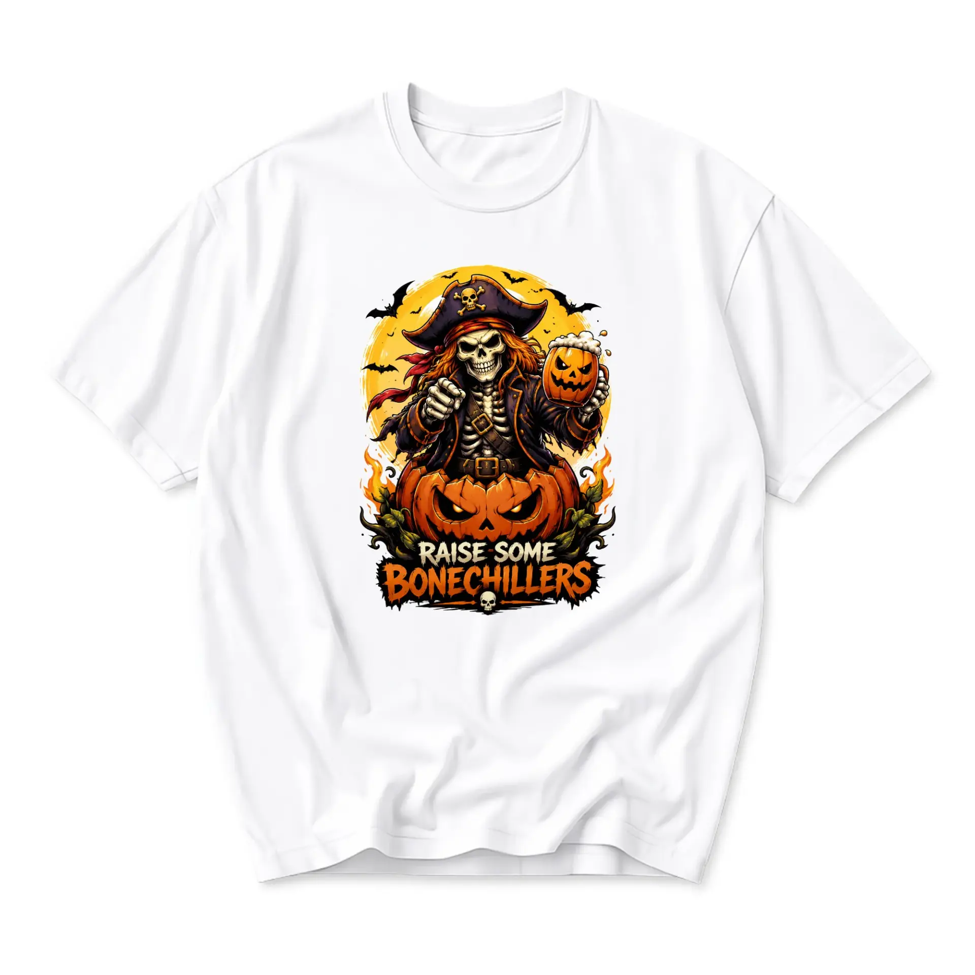 Funny Shirt Raise Some Bonechillers Pirate Skeleton Halloween T-Shirt Unisex Crew Neck Graphic Tee Casual Everyday Top