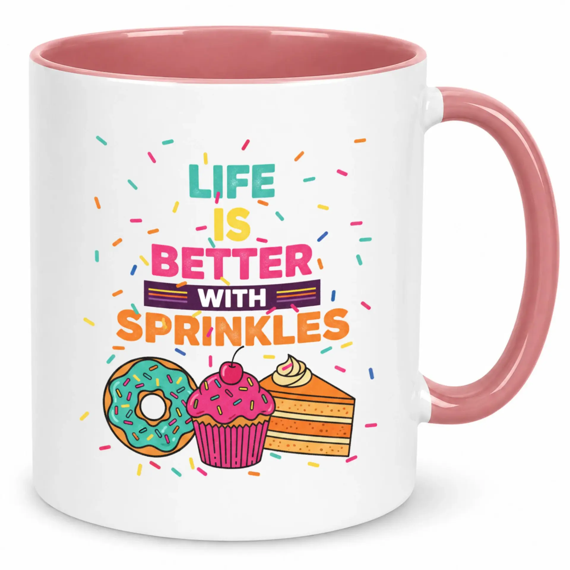 Funny Ceramic Coffee Mug with Colorful Sprinkles Dessert Design, Life Is Better with Sprinkles Quote, 11oz or 15oz White Glossy Beverage Holder