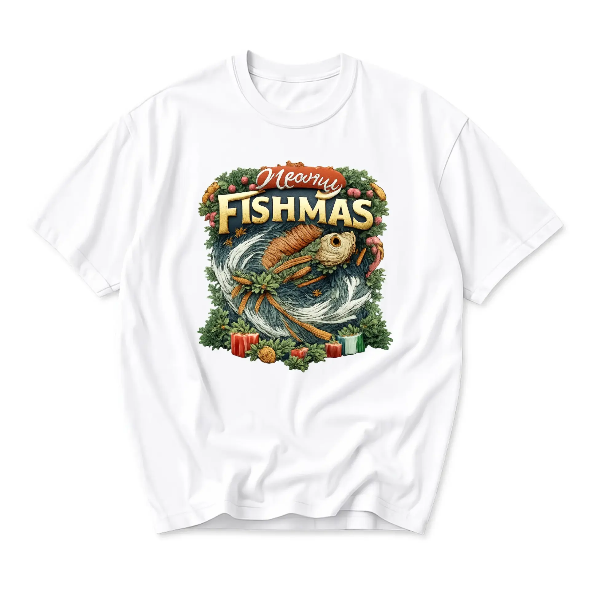 Funny Shirt Merry Fishmas Graphic Tee Holiday Fishing Themed Unisex Casual Short Sleeve Crew Neck Cotton Blend Apparel