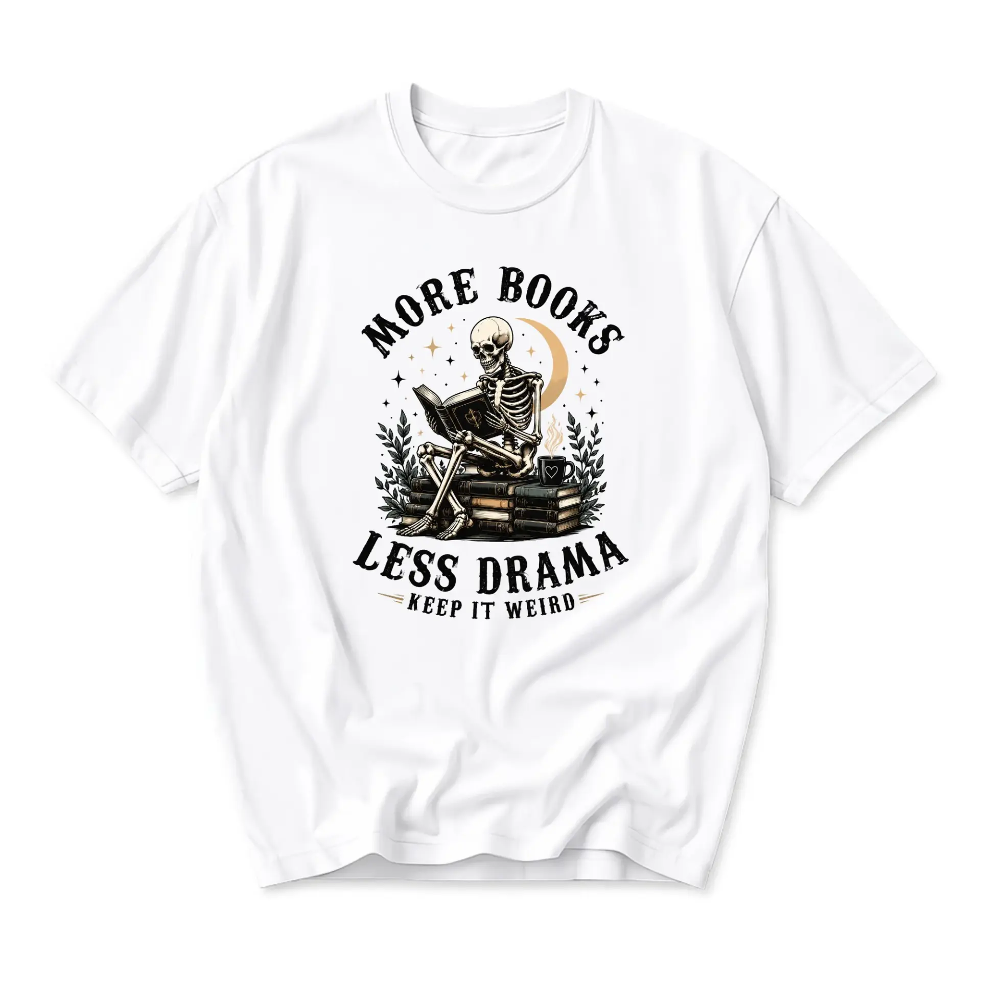 Graphic Tee More Books Less Drama Skeleton Reading Shirt Unisex Crew Neck Casual Cotton Blend Apparel for Literature Fans