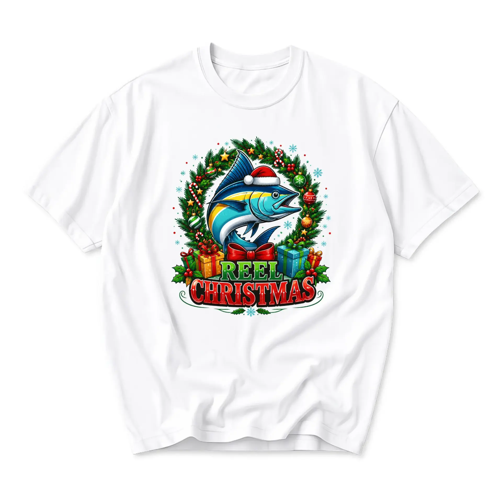 Funny Shirt Reel Christmas Fishing Theme Graphic Tee Seasonal Holiday