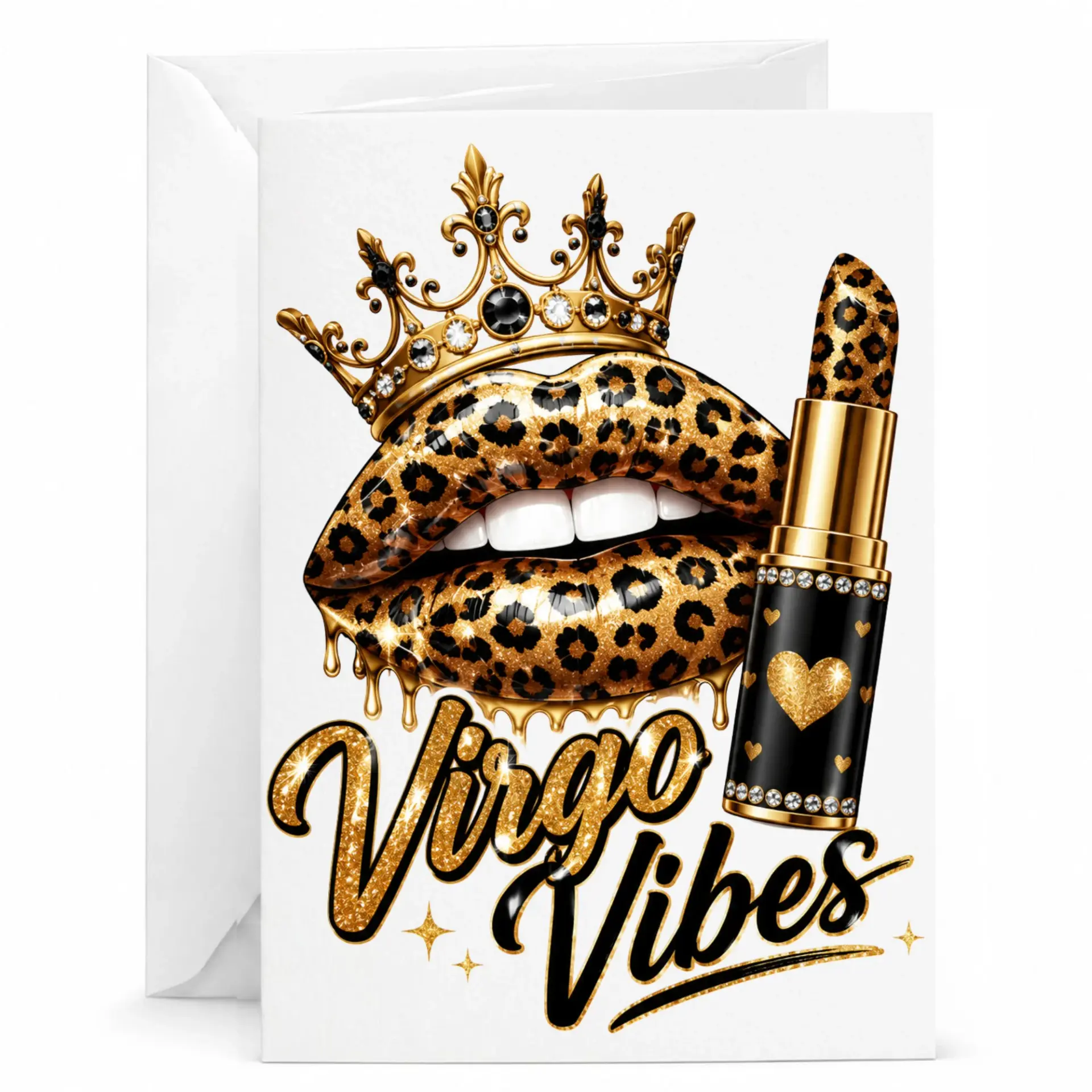 Greeting Card Virgo Vibes Design Featuring Leopard Print Lips Crown and Lipstick Graphic for Special Occasions