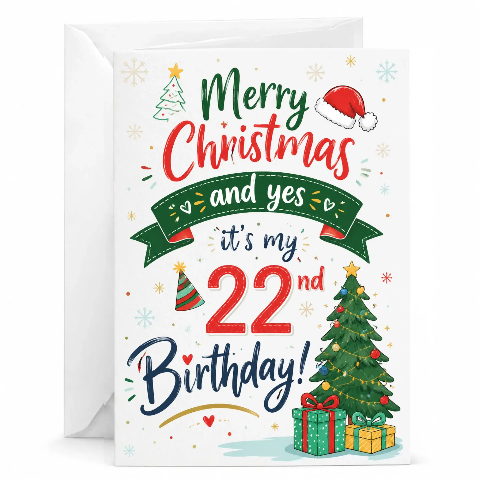 Funny Christmas Birthday Card 22nd Birthday Greeting Card Holiday Season Milestone Celebration Card with White Envelope