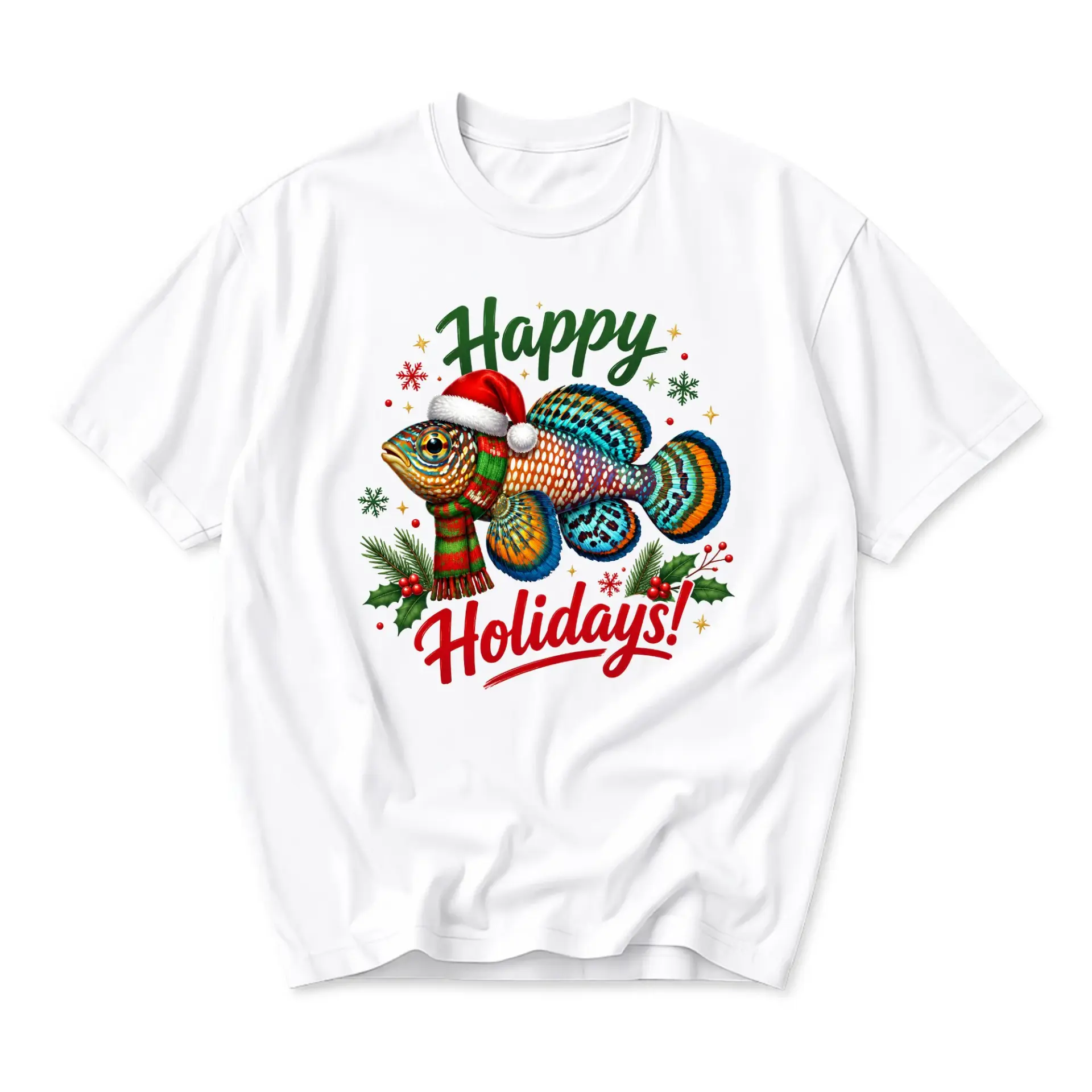 Funny Shirt Happy Holidays Colorful Fish Graphic Printed Unisex Tee for