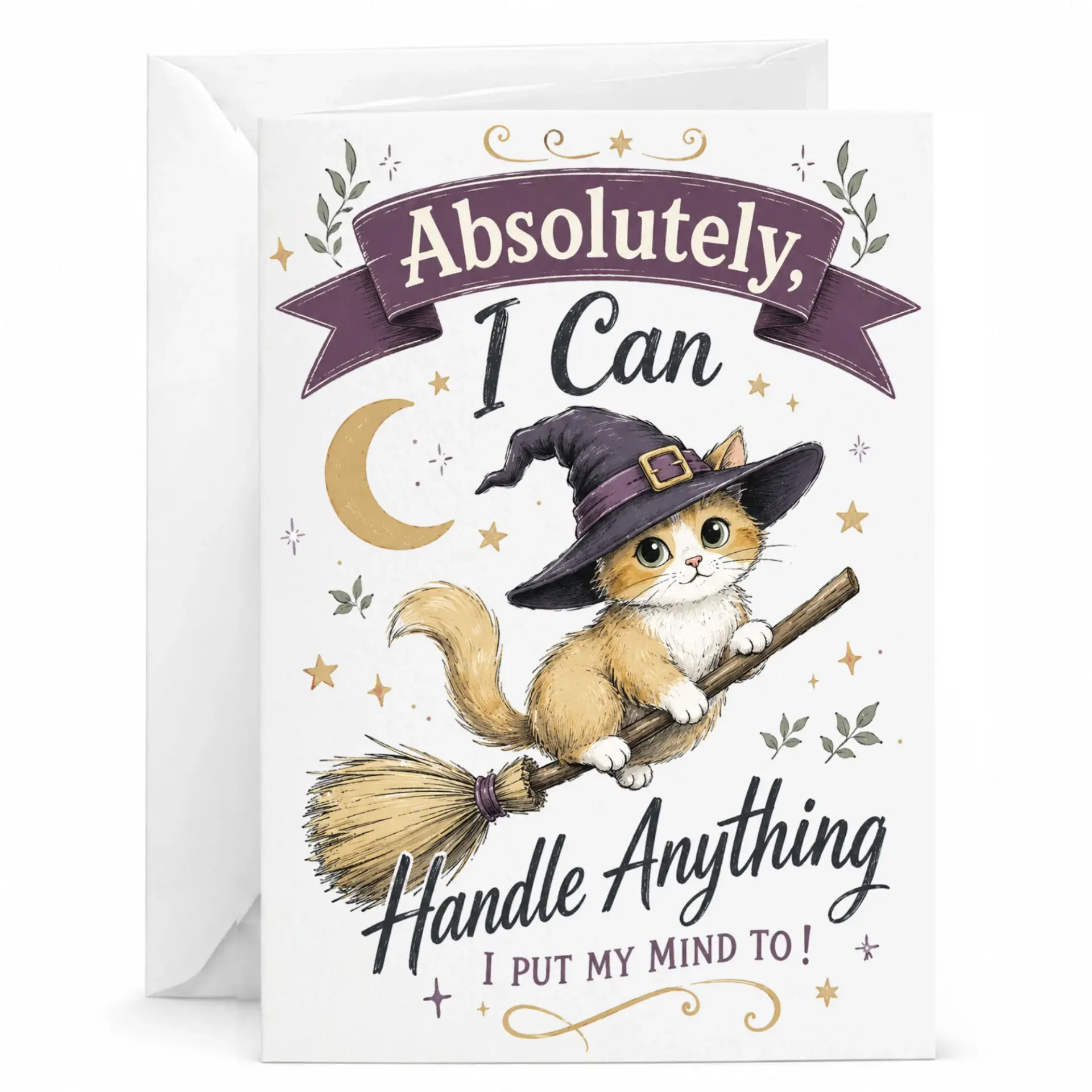 Funny Cat Greeting Card Featuring a Cute Witch Kitten on a Broomstick with Motivational Empowerment Quote