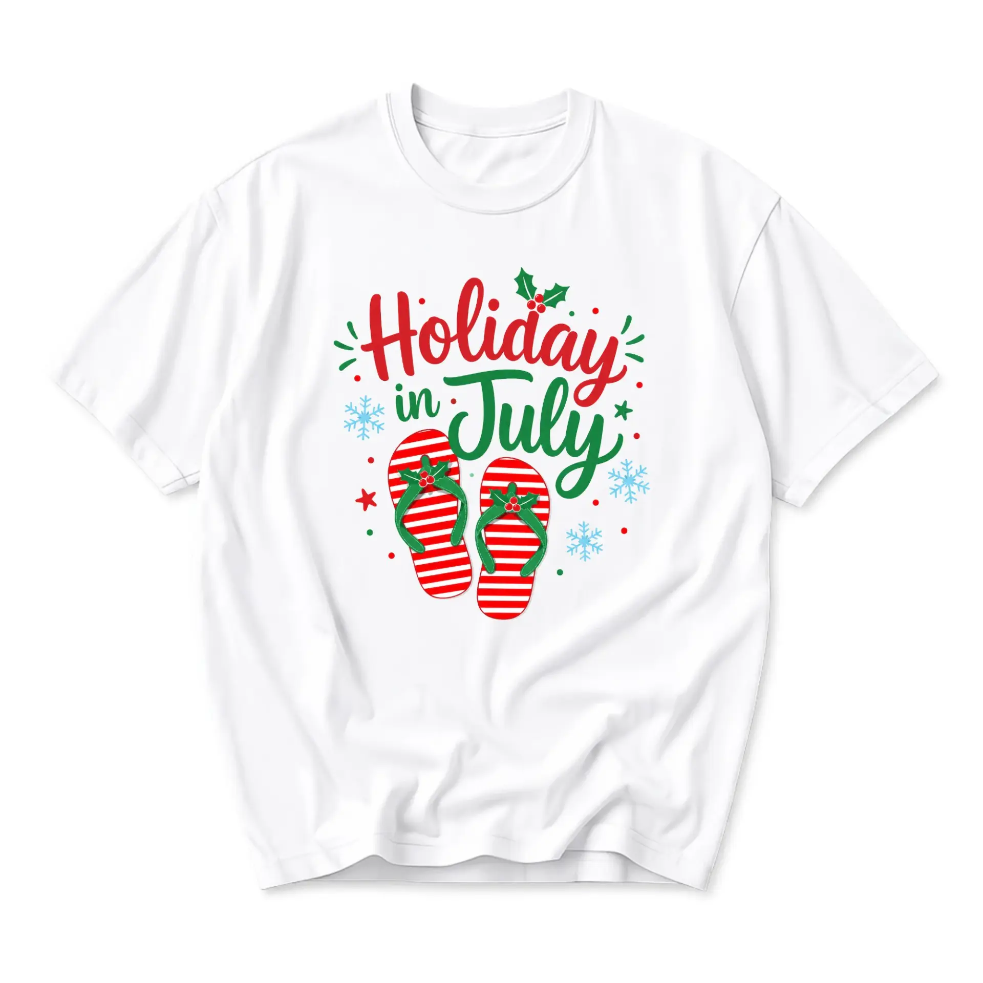 Graphic Tee Holiday in July Unisex Crew Neck T-Shirt Seasonal Summer Christmas Red and Green Flops Print Top