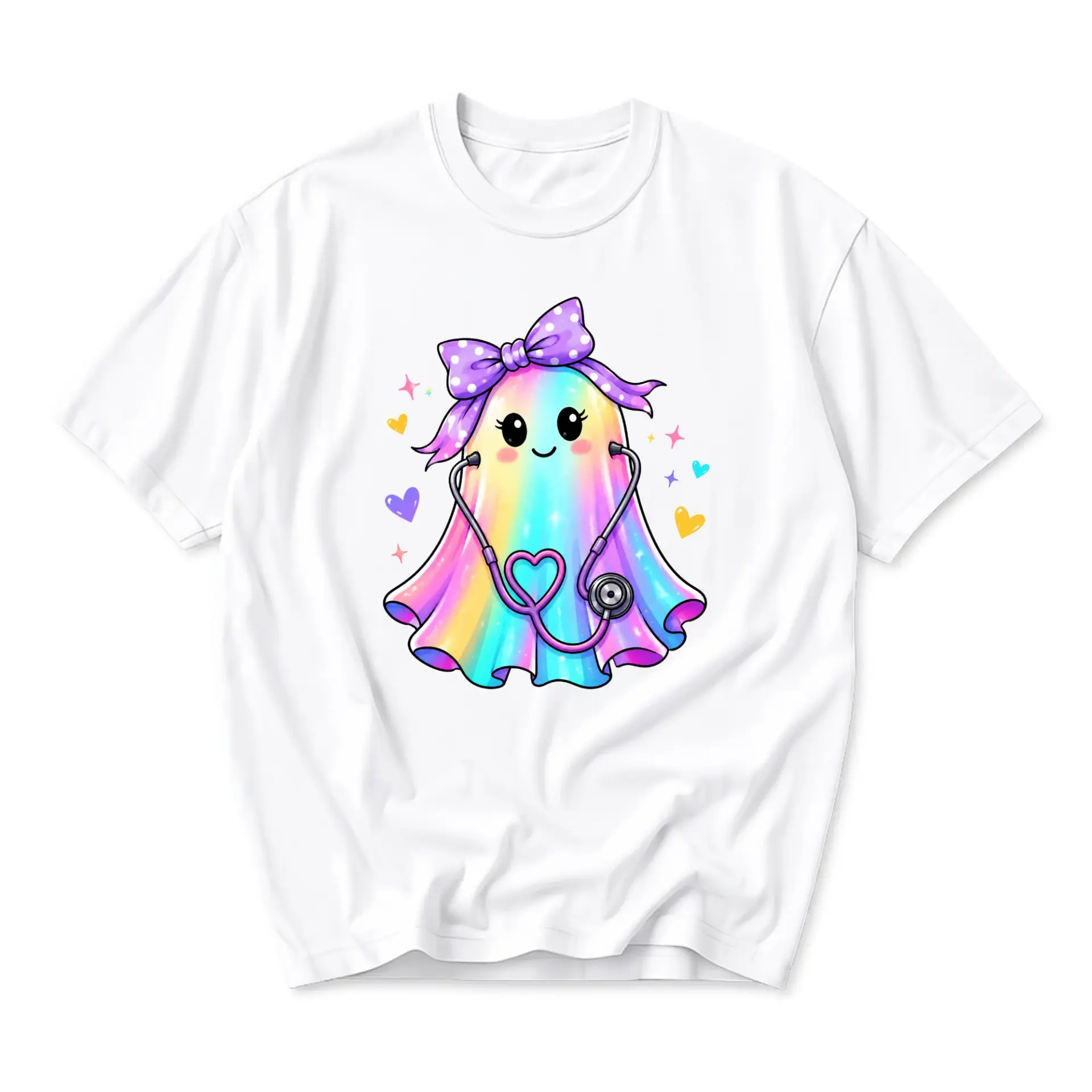 Graphic Tee Cute Rainbow Ghost Nurse T-Shirt Casual Unisex Apparel for Healthcare Professionals and Medical Staff