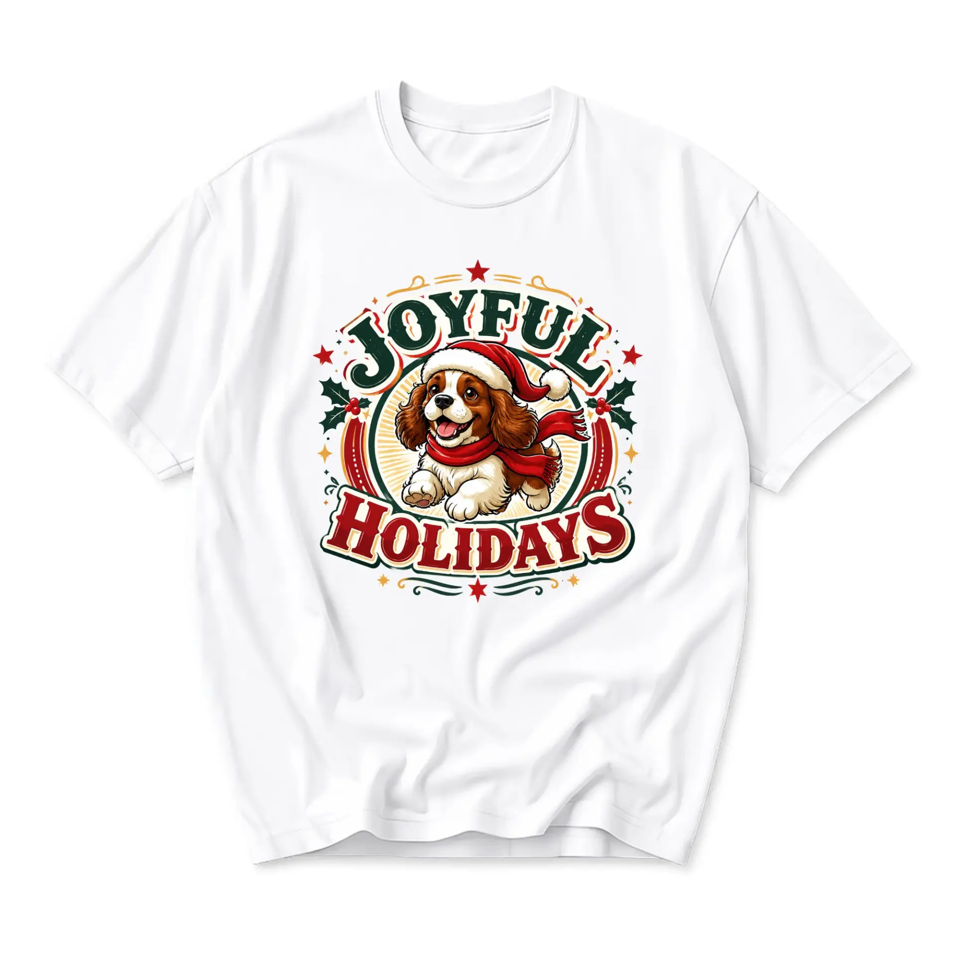 Graphic Tee Joyful Holidays Puppy Christmas Unisex Short Sleeve Crew Neck Cotton Blend Casual Apparel for Winter