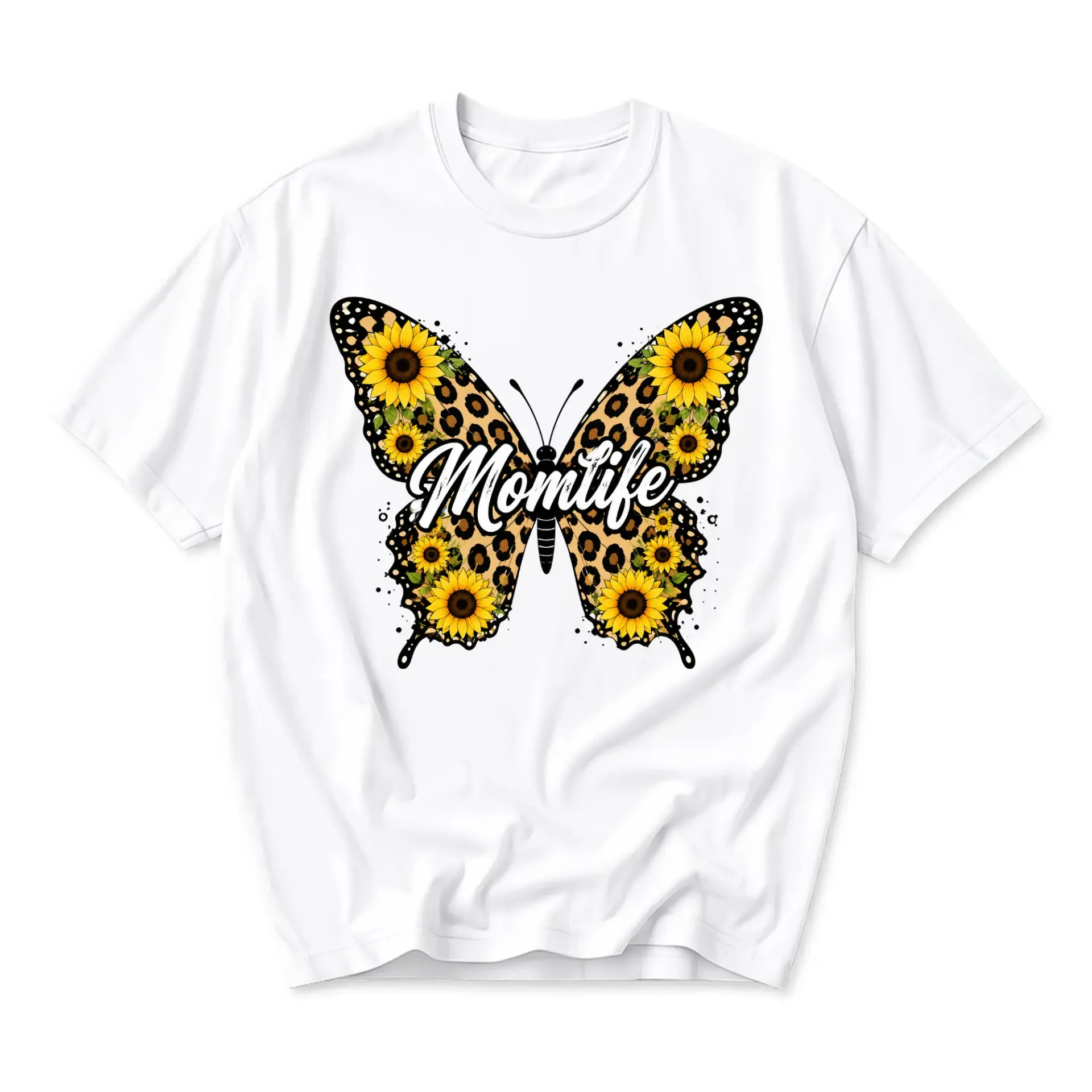 Graphic Tee Sunflower Butterfly Momlife Print Unisex Crew Neck Casual Shirt Soft Cotton Blend Everyday Apparel White