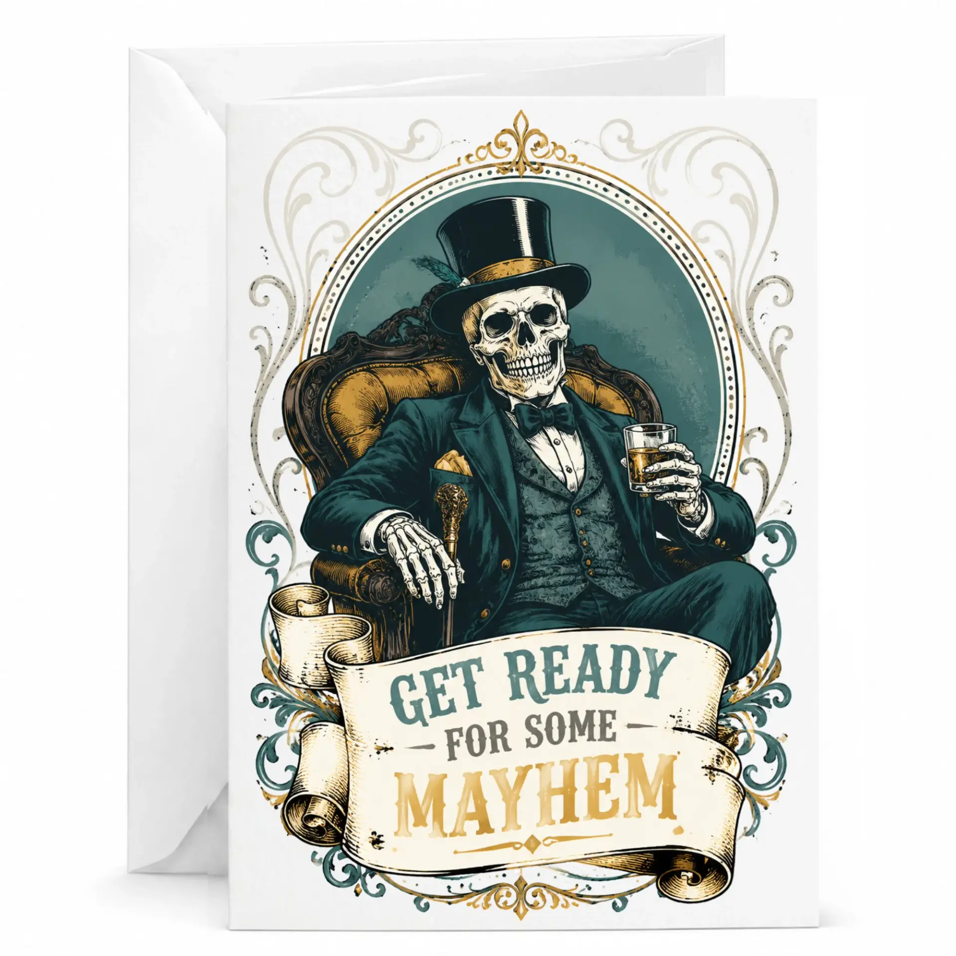 Funny Greeting Card Featuring Dapper Skeleton with Whiskey Drink for Birthday Anniversary or Just Because Occasions