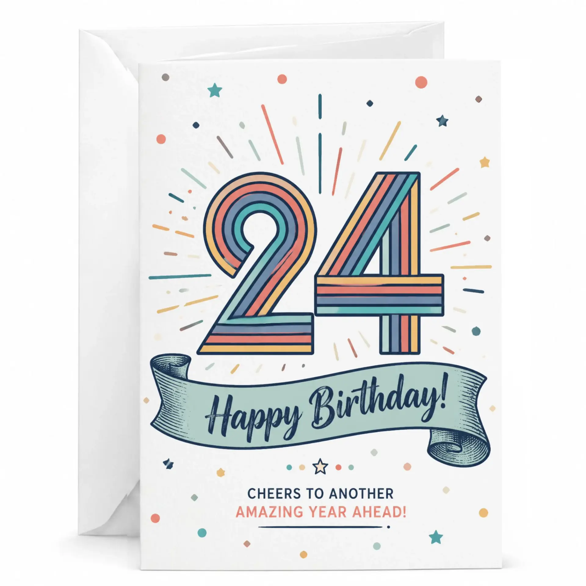Birthday Card 24th Birthday Greeting Card for Anyone Featuring Retro Colorful Number Design and Ribbon Illustration