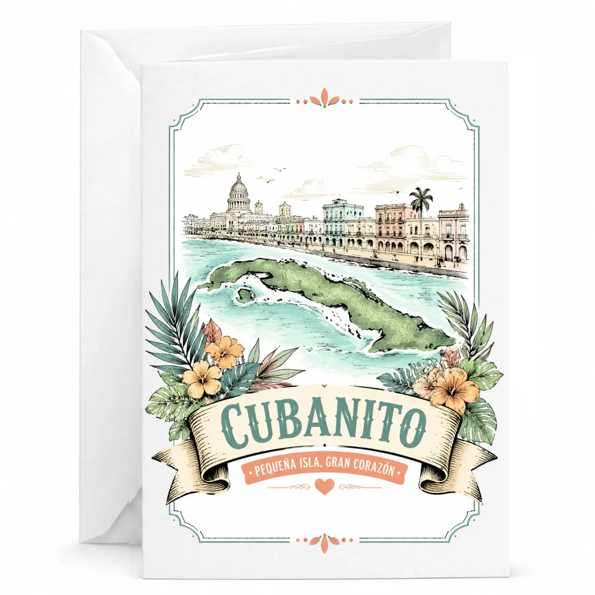 Greeting Card Cubanito Pequeña Isla Gran Corazón Tropical Illustration Island Home Themed Note Card with Envelope