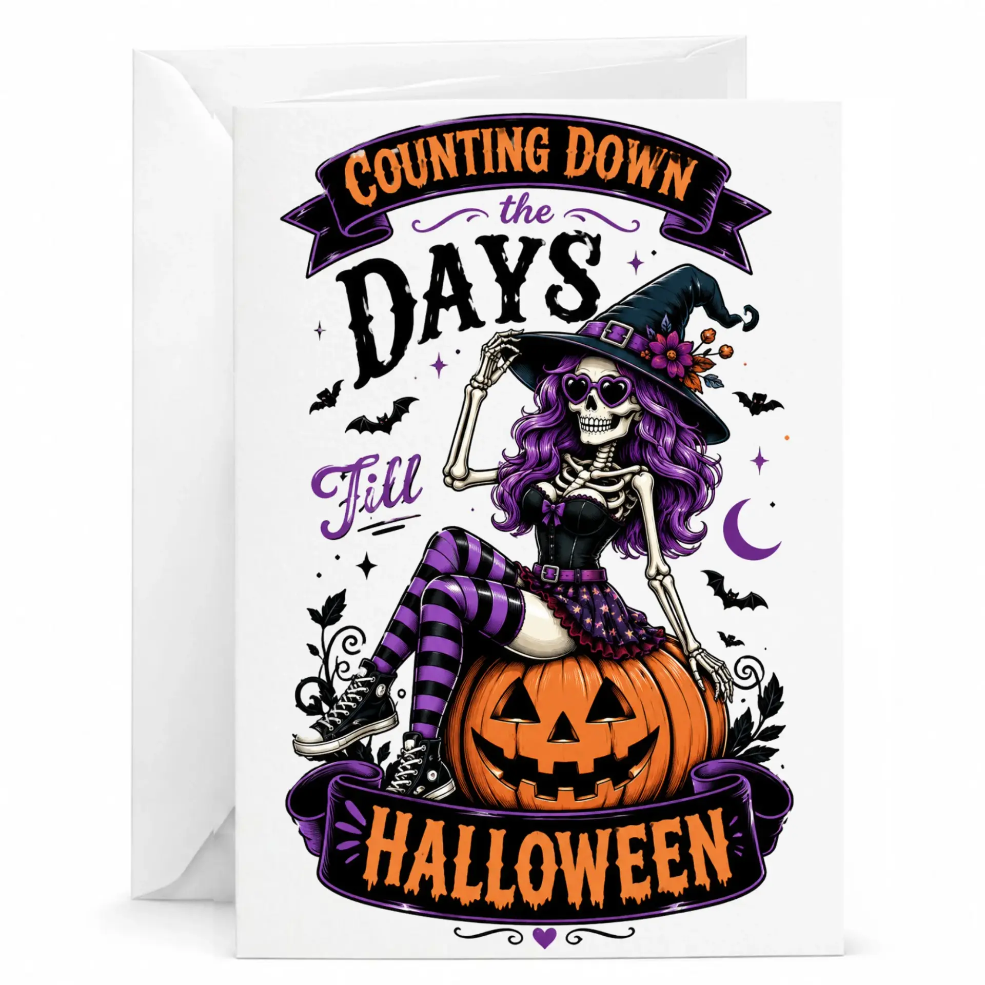 Funny Halloween Greeting Card Counting Down the Days Skeleton Witch Artwork for Fall Holiday Stationery