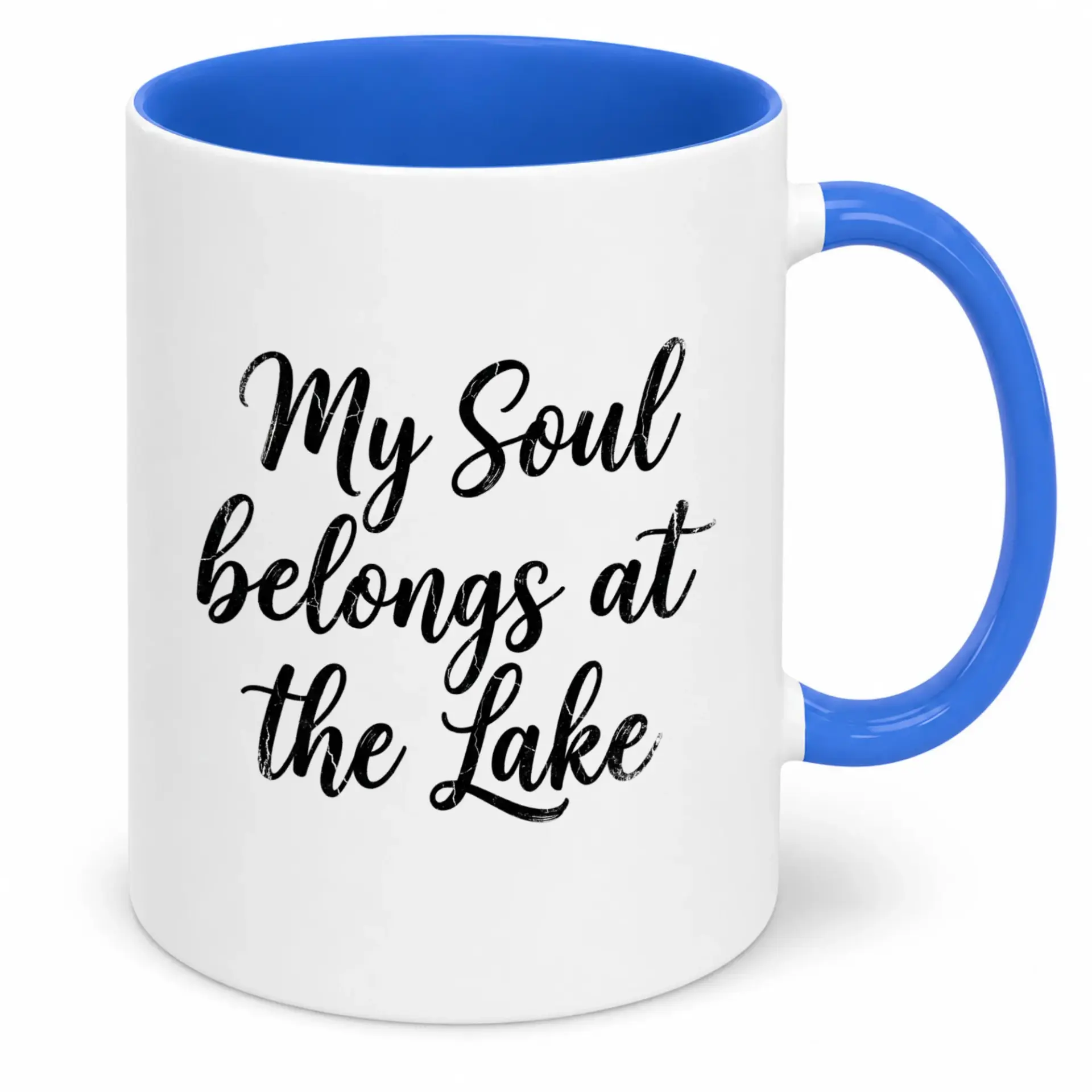Lake Lover Coffee Mug, Premium Ceramic Cup with Blue Handle & Interior, 'my Soul Belongs at the Lake' Design, Thoughtful Relaxing Home Kitchen Drinkware Gift for Any Occasion