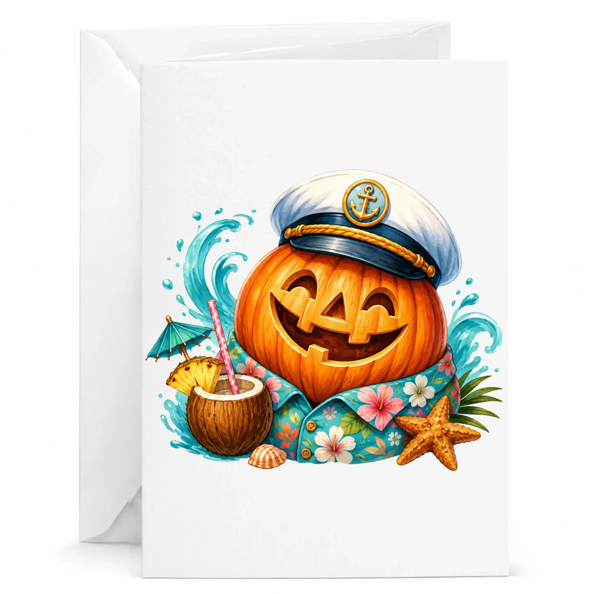 Funny Greeting Card Tropical Vacation Jack-O-Lantern Captain Featuring a Festive Pumpkin in a Floral Island Outfit