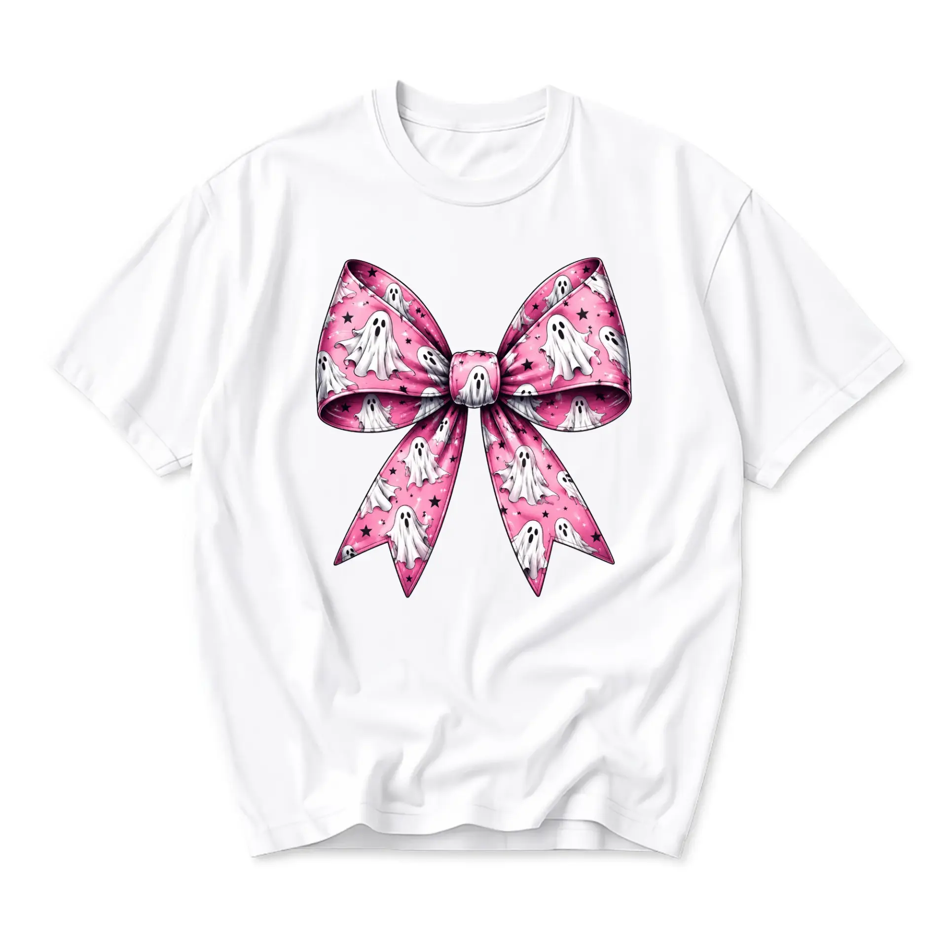 Graphic Tee Unisex Crew Neck T-Shirt Featuring Pink Bow with Ghost Pattern Casual Everyday Apparel for Adults