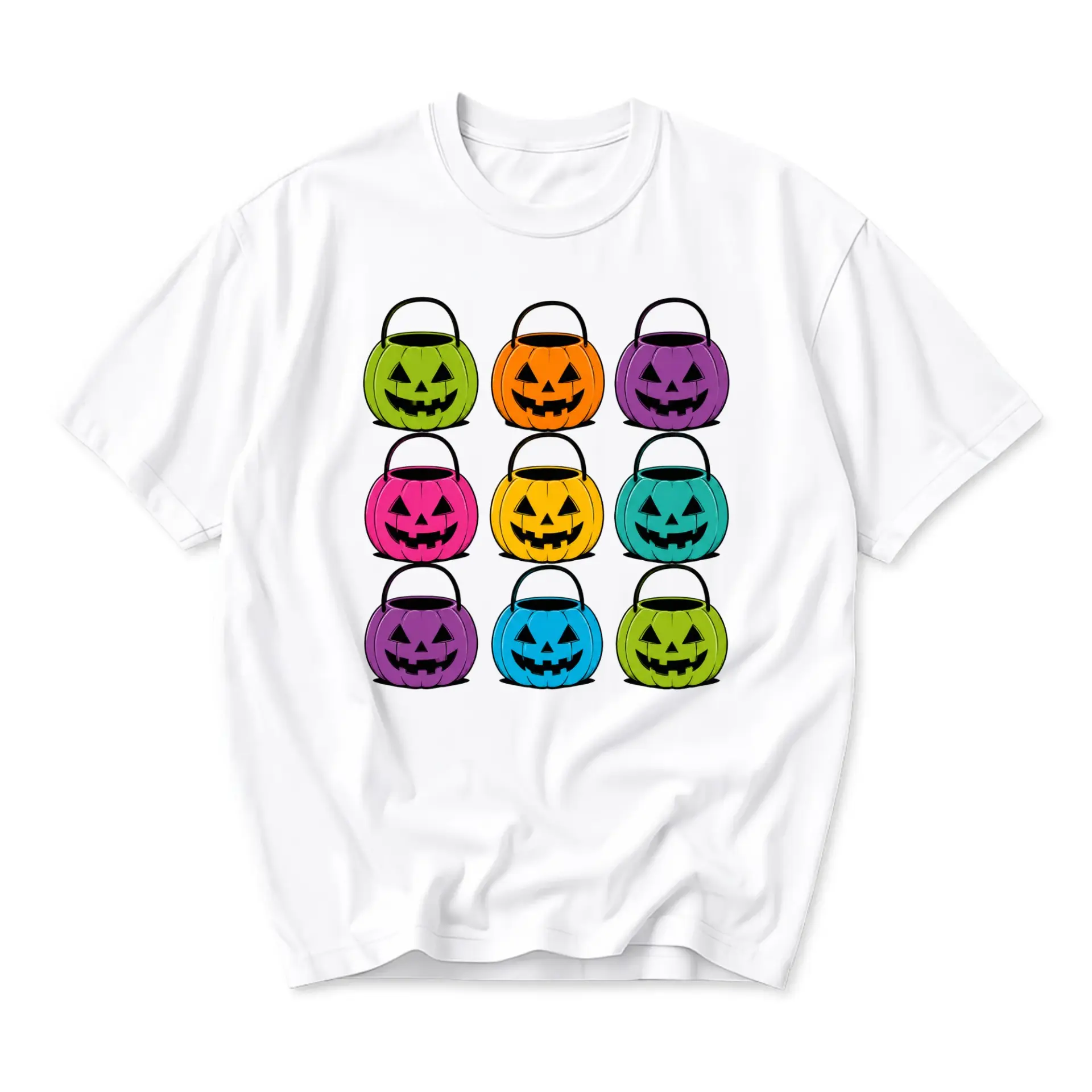 T-shirt Halloween Candy Pails Graphic Tee Colorful Jack O Lantern Bucket Print Casual Unisex Crew Neck Cotton Shirt
