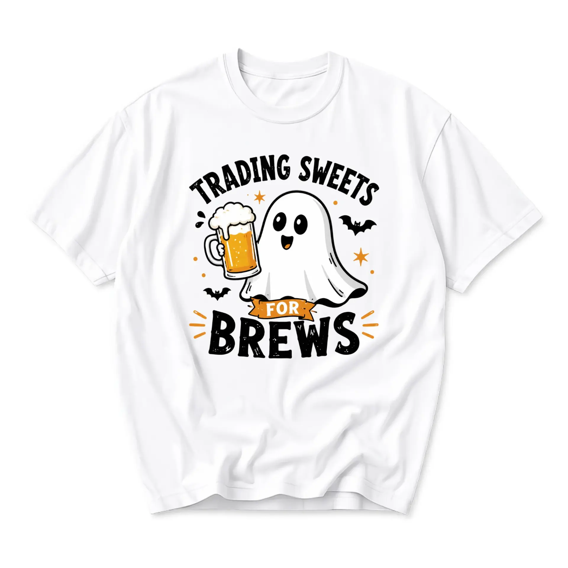 Funny Shirt Trading Sweets for Brews Graphic Tee Unisex Casual Crew Neck Comfortable Cotton Blend Halloween Apparel