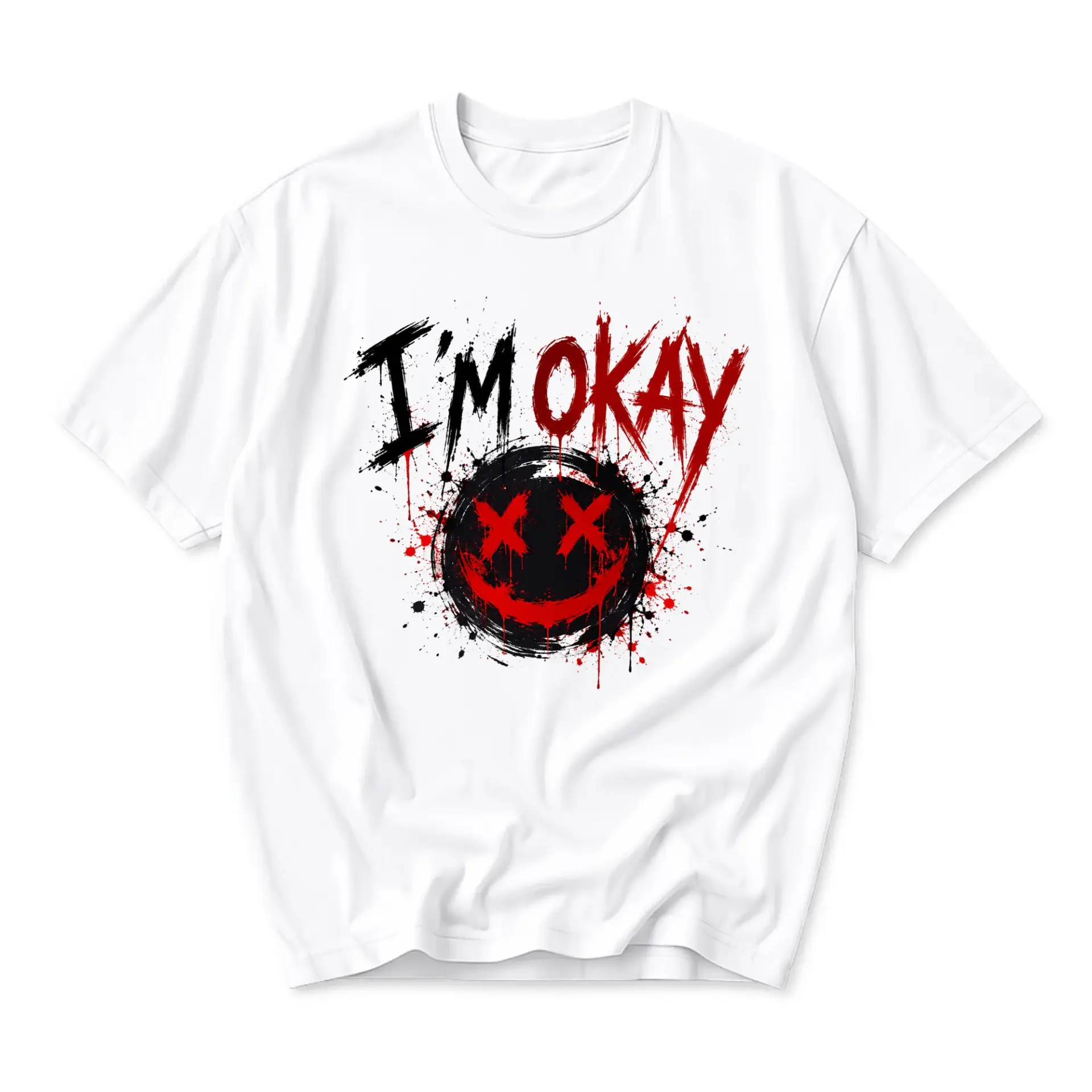 Funny Shirt Unisex Graphic Printed T-Shirt Featuring an I Am Okay Text Design with a Red and Black Painted Smiley Face