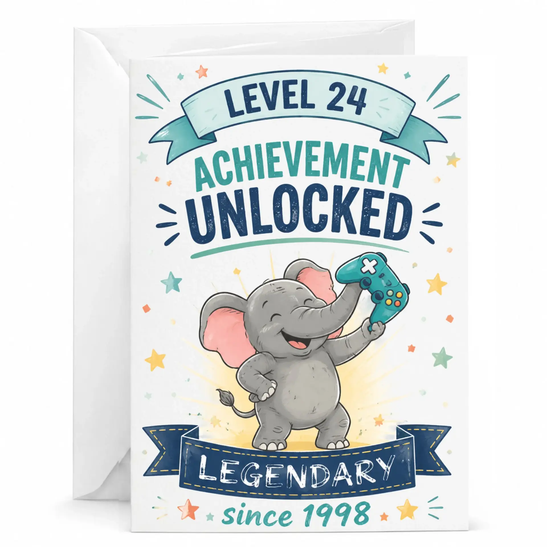 Birthday Card Level 24 Achievement Unlocked Funny Gaming Elephant Greeting Card for Twenty-Fourth Birthday Celebration