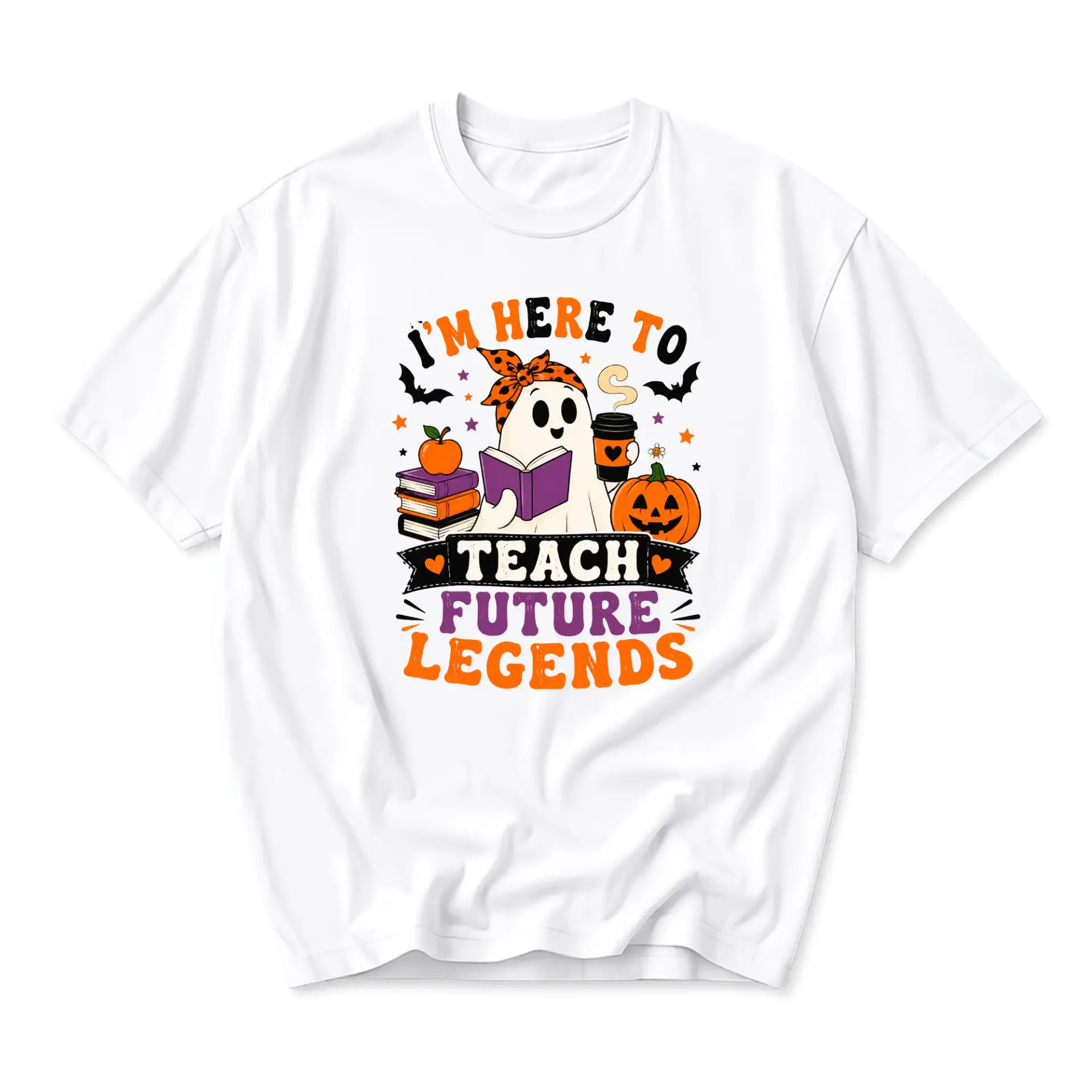 Graphic Tee Unisex Crew Neck T-Shirt Featuring Spooky Ghost Teacher Design for Autumn Casual Wear and Daily Outfits