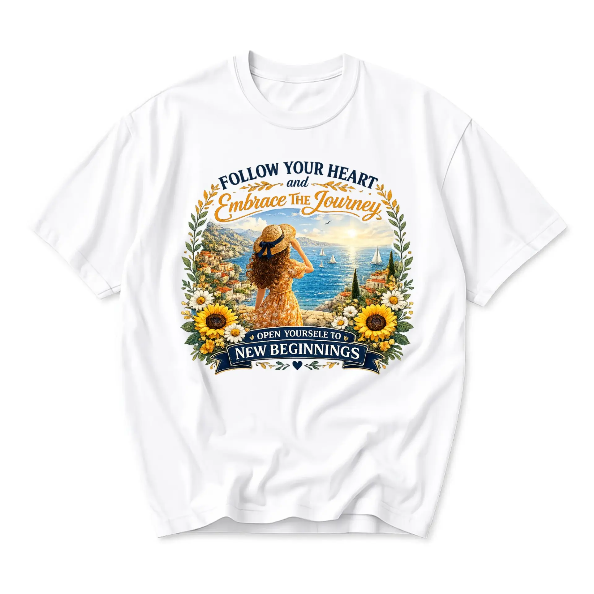 Graphic Tee Follow Your Heart and Embrace the Journey Inspirational Art Unisex Crew Neck Casual Cotton Shirt White