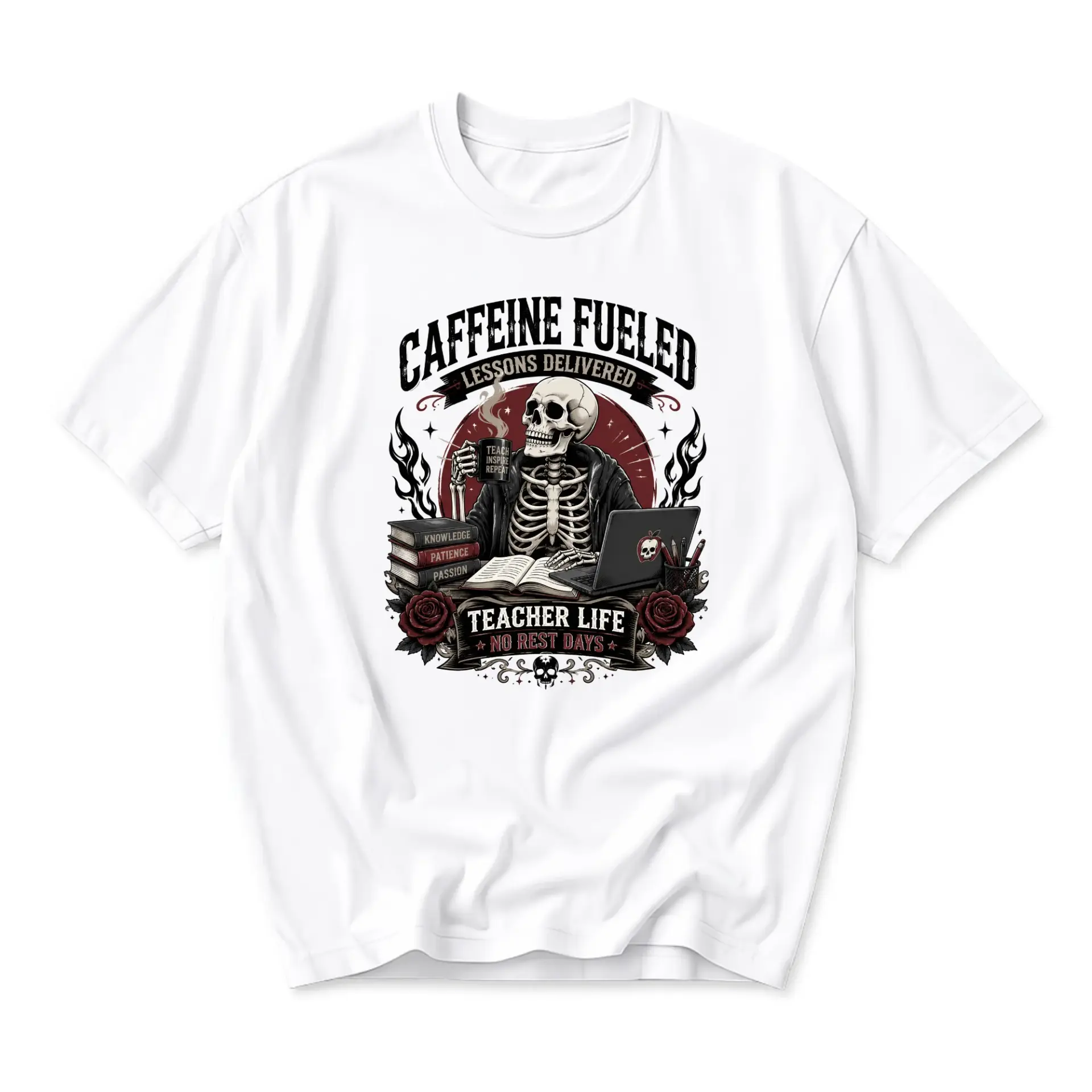 Funny Shirt Caffeine Fueled Teacher Life Graphic Tee Unisex Cotton Blend Casual Crew Neck Short Sleeve Top Apparel