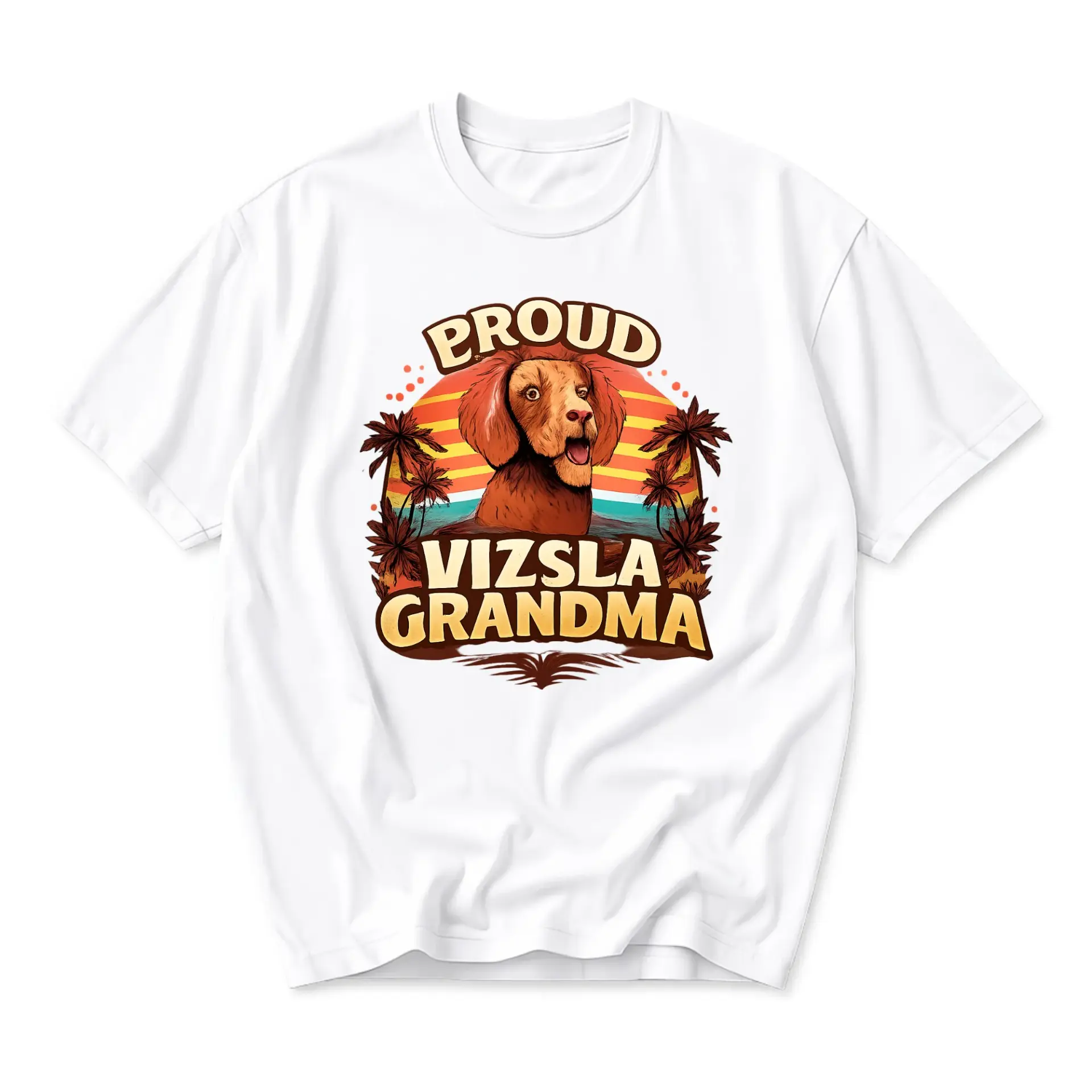 Graphic Tee Proud Vizsla Grandma Shirt Vintage Sunset Tree Dog Lover Unisex Crew Neck Cotton Top