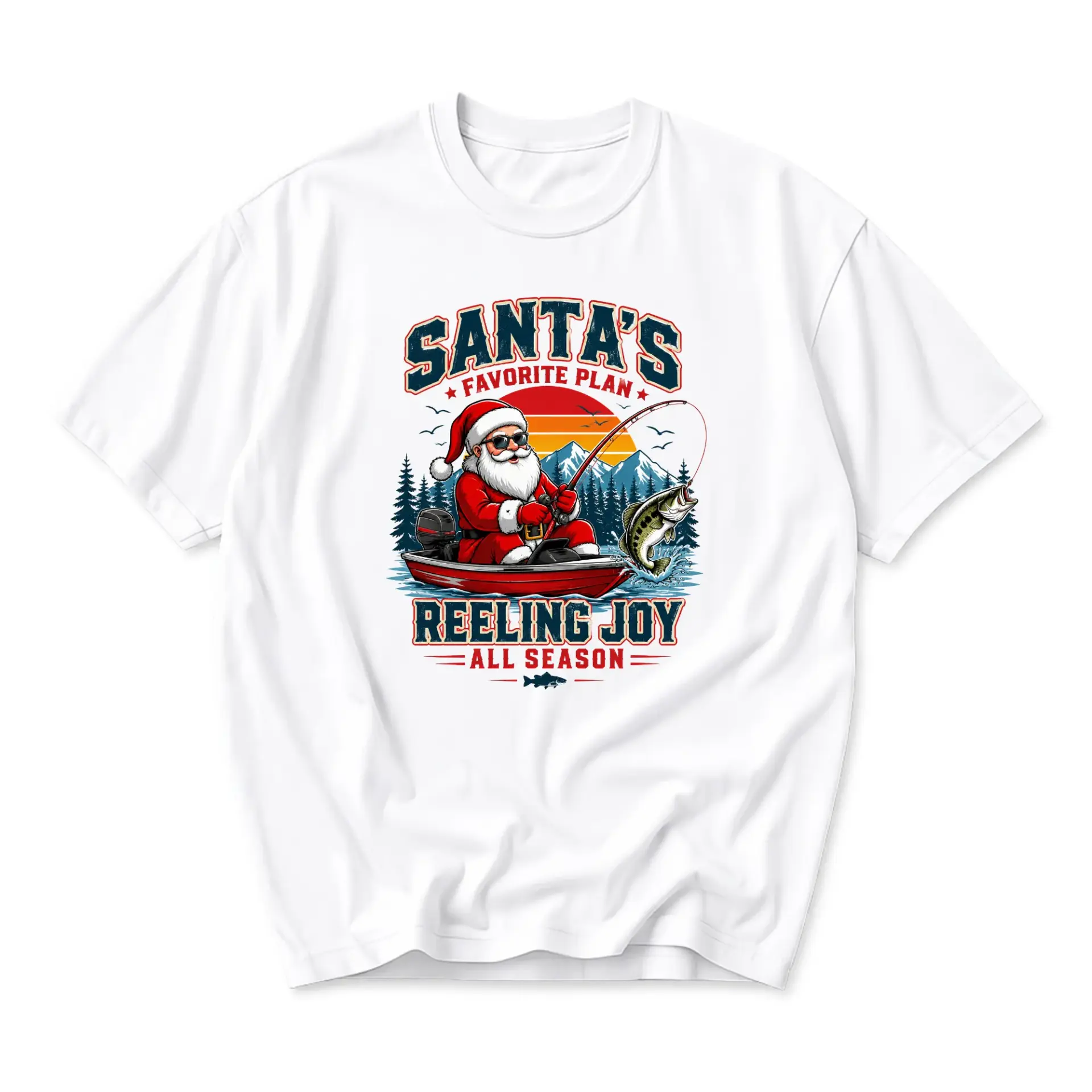Graphic Tee Santa Fishing Novelty Unisex Crew Neck T-Shirt Short Sleeve Casual Holiday Apparel for Men and Women White