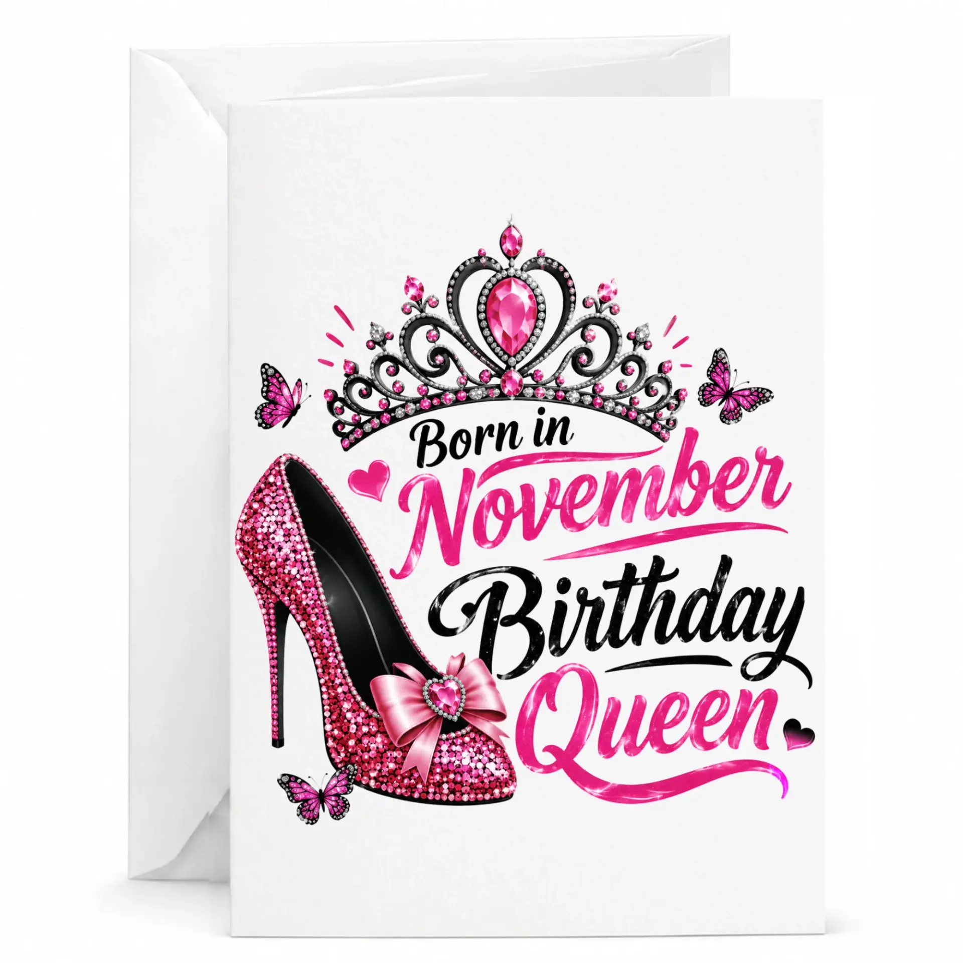 Birthday Card for Women Born in November Pink High Heel Stiletto and Tiara Design Greeting Card with Matching Envelope