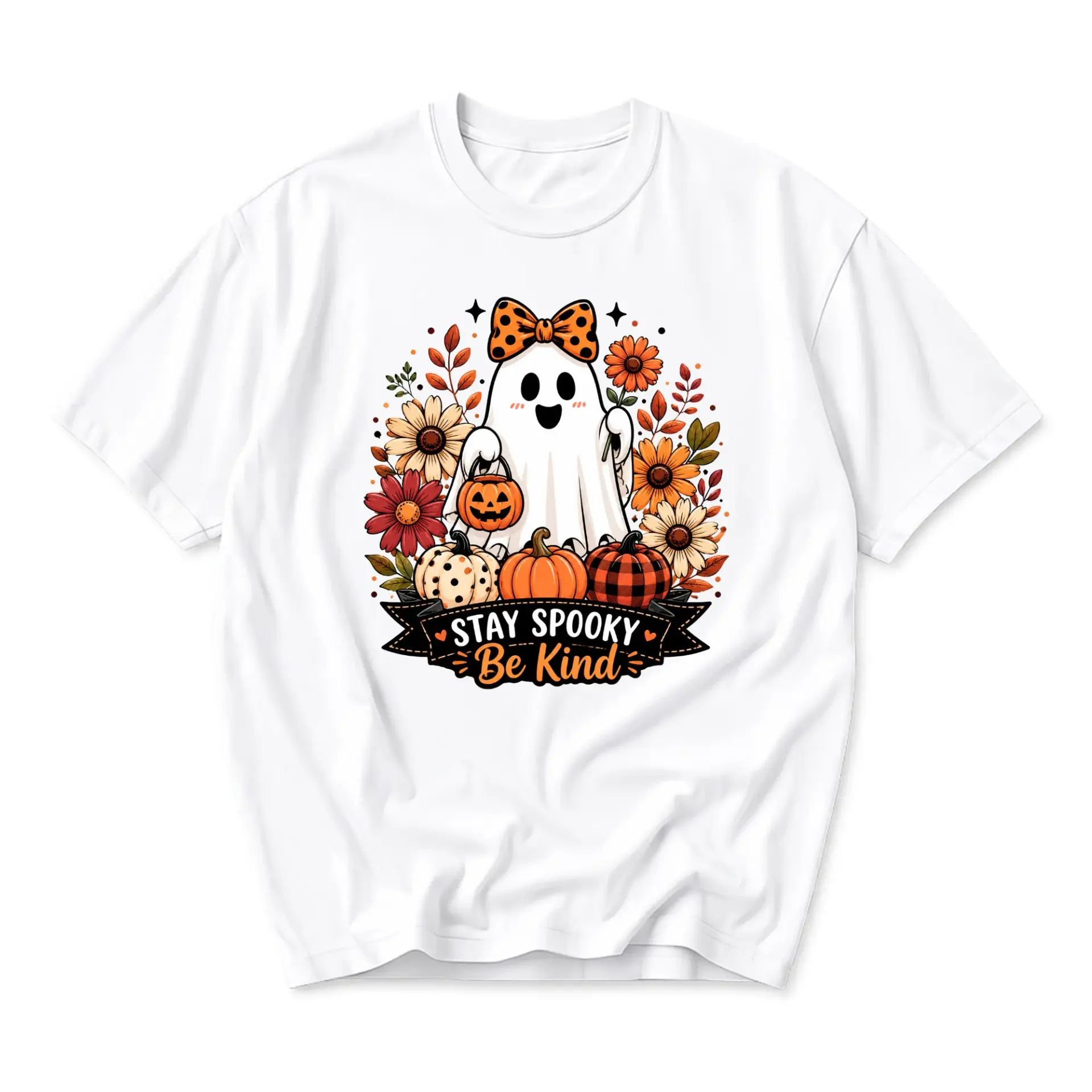 Funny Shirt Stay Spooky Be Kind Halloween Graphic Tee Cute Ghost Fall Autumn Pumpkin Unisex Crew Neck Graphic Printed